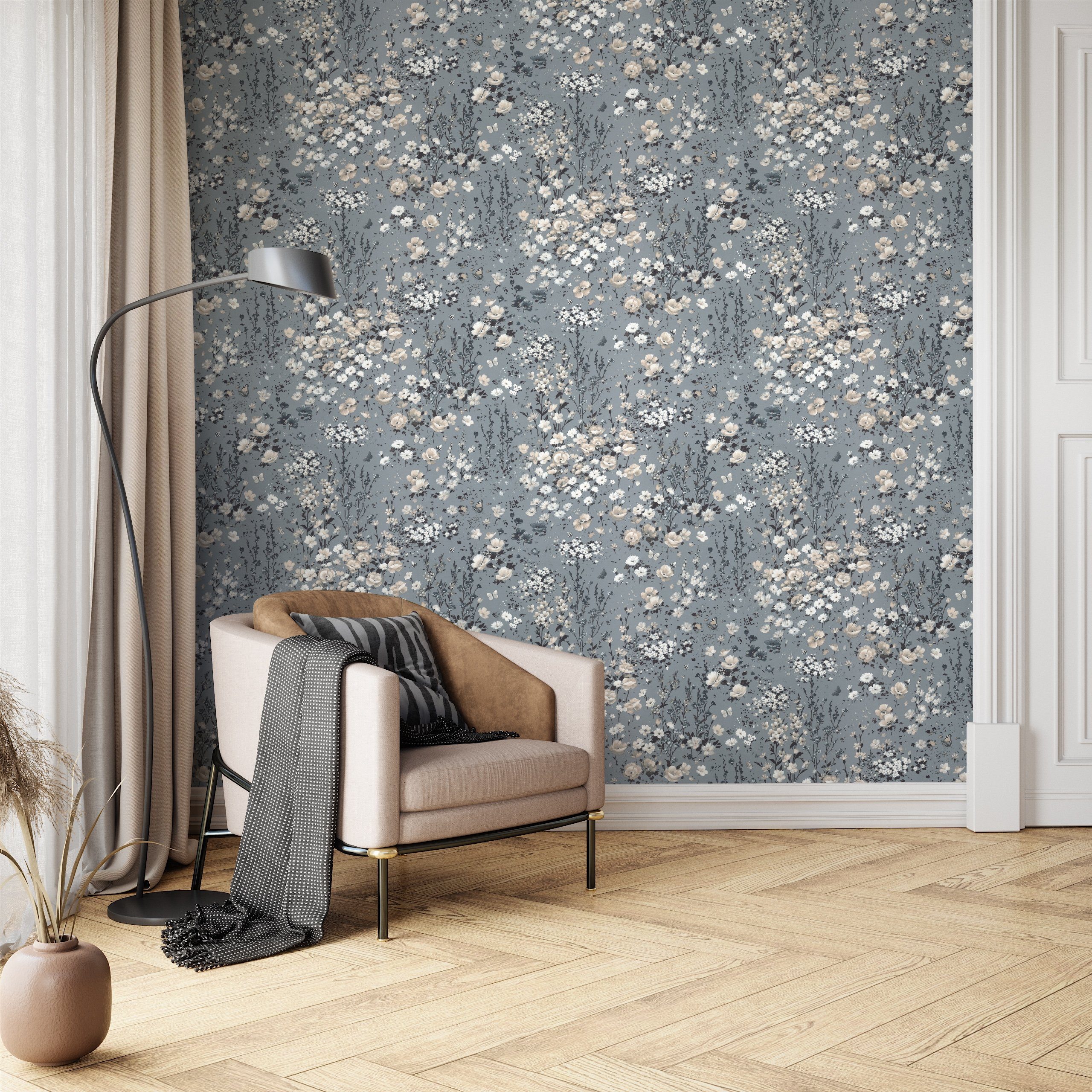 Newroom Vliestapete, Grau Tapete Landhaus Blumen - Blumentapete Beige Anthrazit Romantisch Floral Blüten Wiese für Wohnzimmer Schlafzimmer Büro