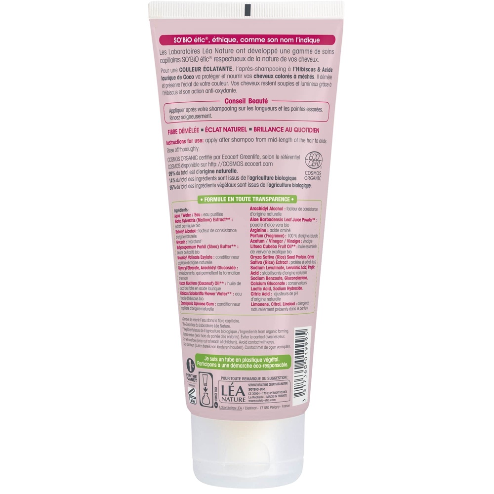 LÉA NATURE SO BiO étic Après-shampooing cheveux colorés ou méchés, Hibiscus bio Après-shampooing
