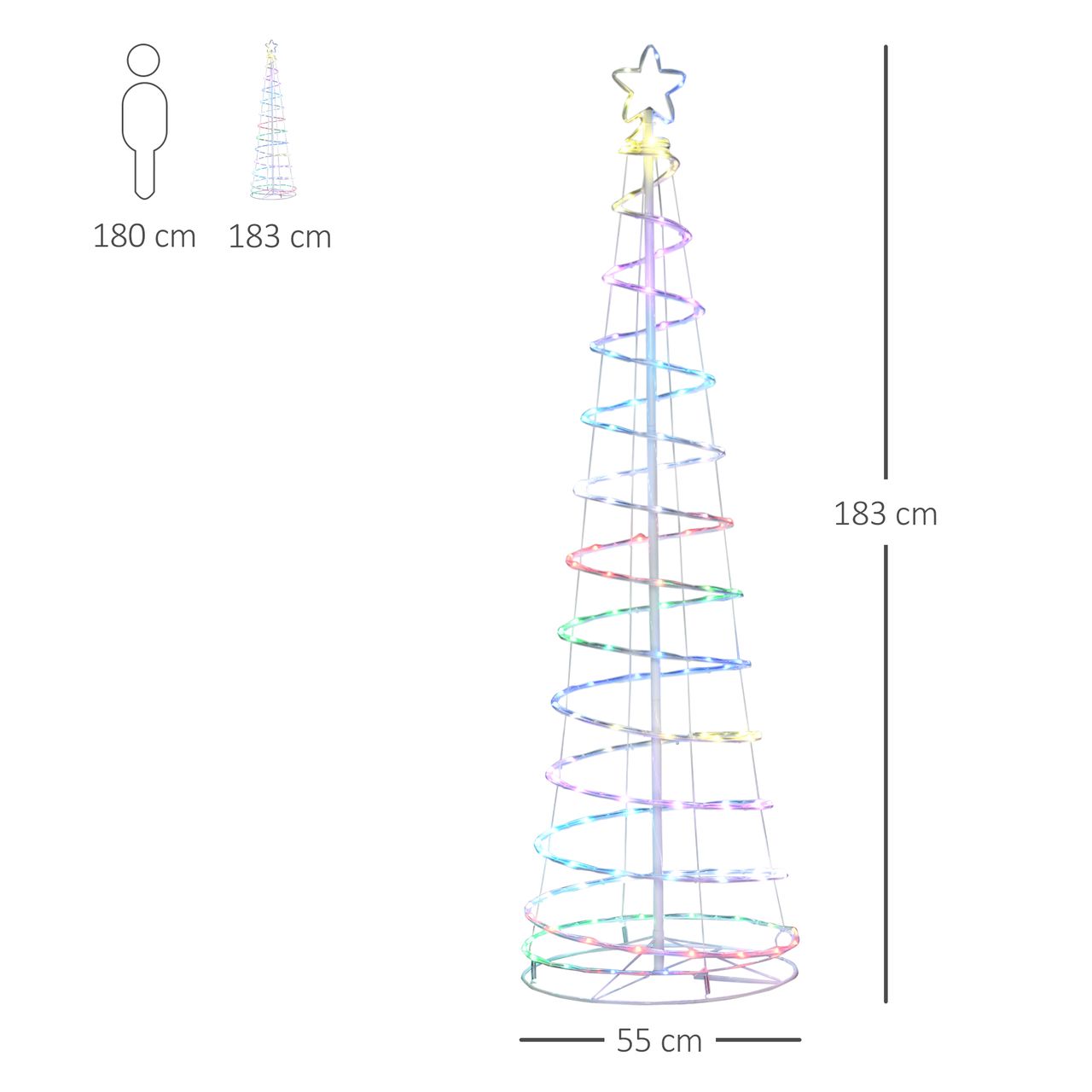 Outsunny LED Spiralbaum Weihnachtsbaum mit 135 Mini-Lichtern Christbaum Lichterbaum für Innen und Außen Weihnachtsdekoration PP-Kunststoff Metall Weiß Ø55 x 183 cm