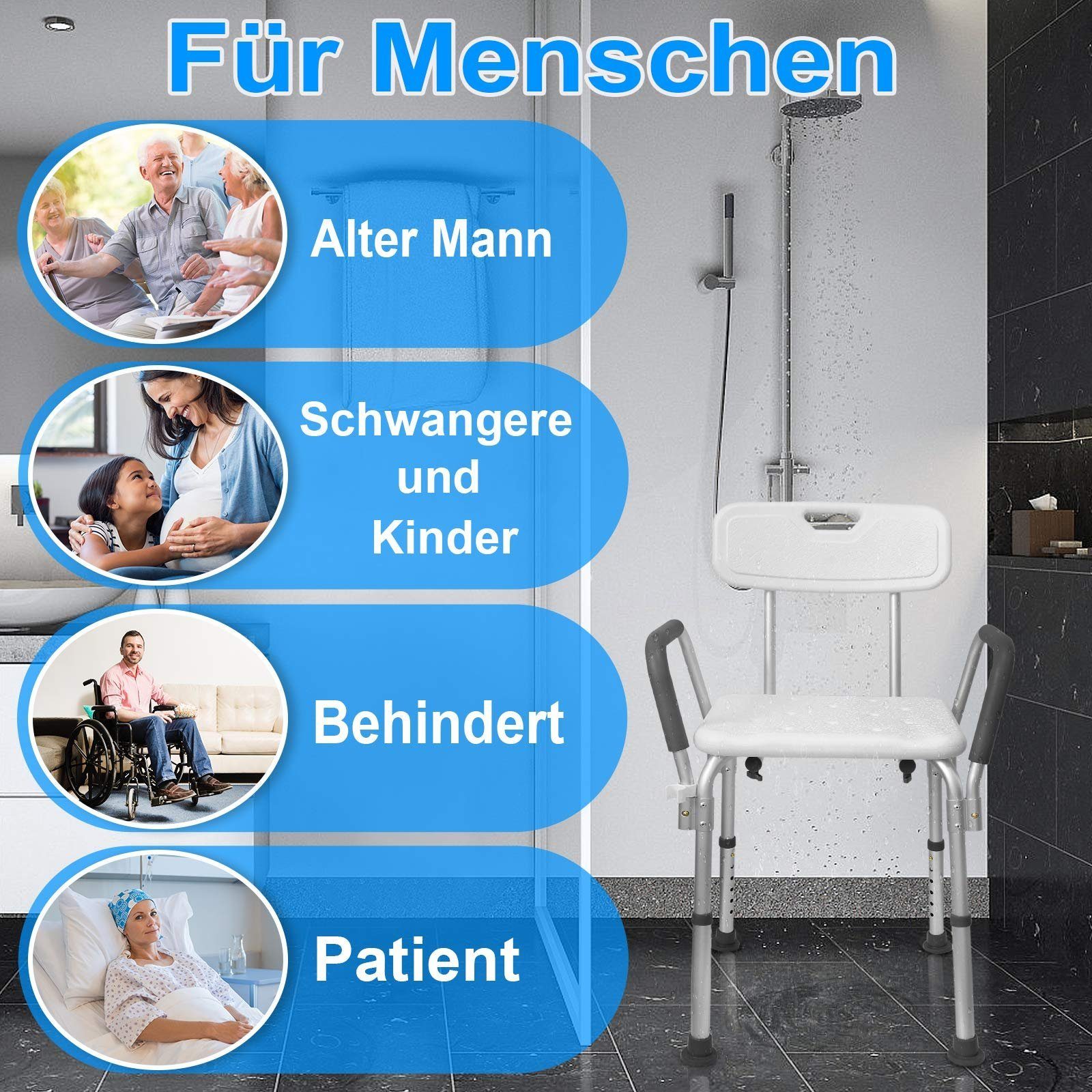 AUFUN Duschhocker Duschstuhl Höhenverstellbar mit Armlehne und Rückenlehne