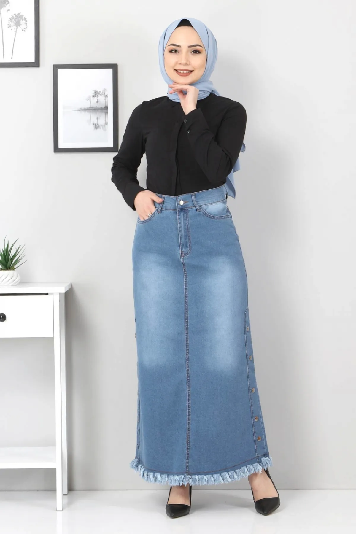 Tesettür Dünyası  Jeansrock mit ausgestellten Seiten Tsd22019 Hellblau