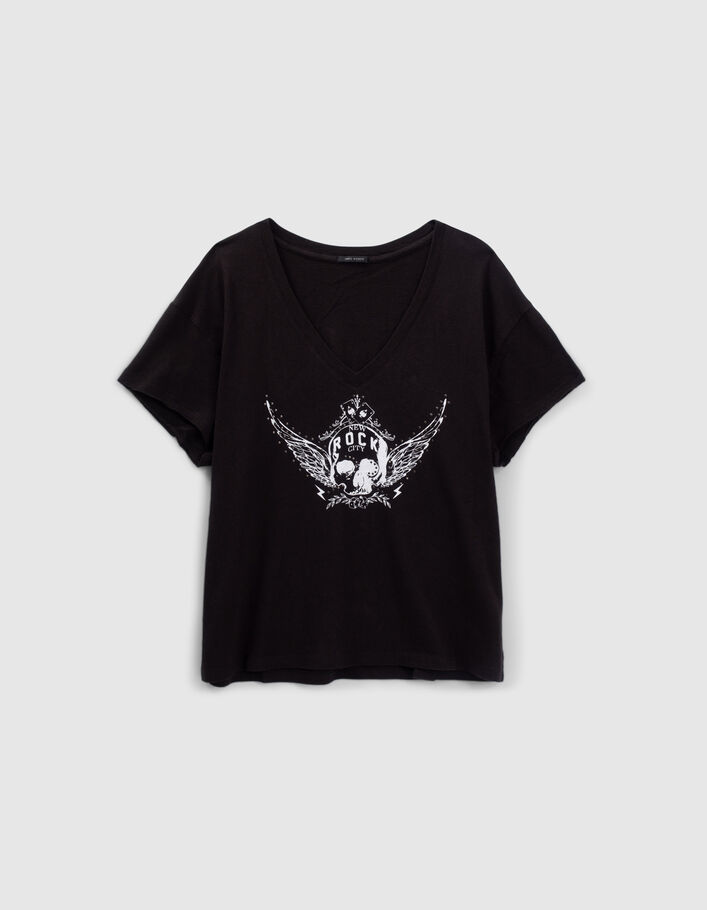 Tee-shirt noir visuel tête de mort ailée Femme