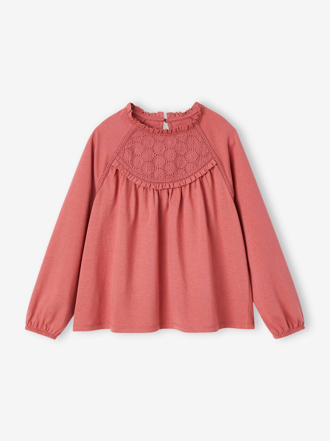 Tee-shirt blouse détail en broderie anglaise fille rose poudré