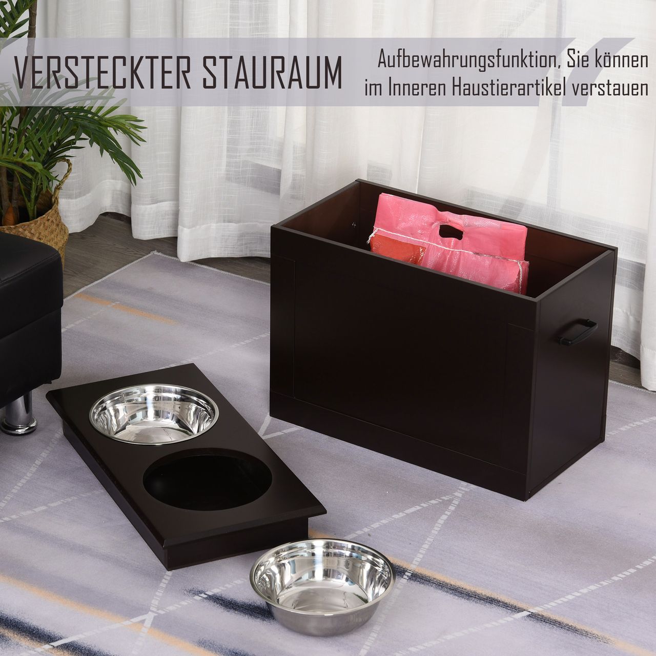 PawHut Hunde Fressnapf mit Staumraum 2 Näpfen Futterstation Katzenapf Espresso