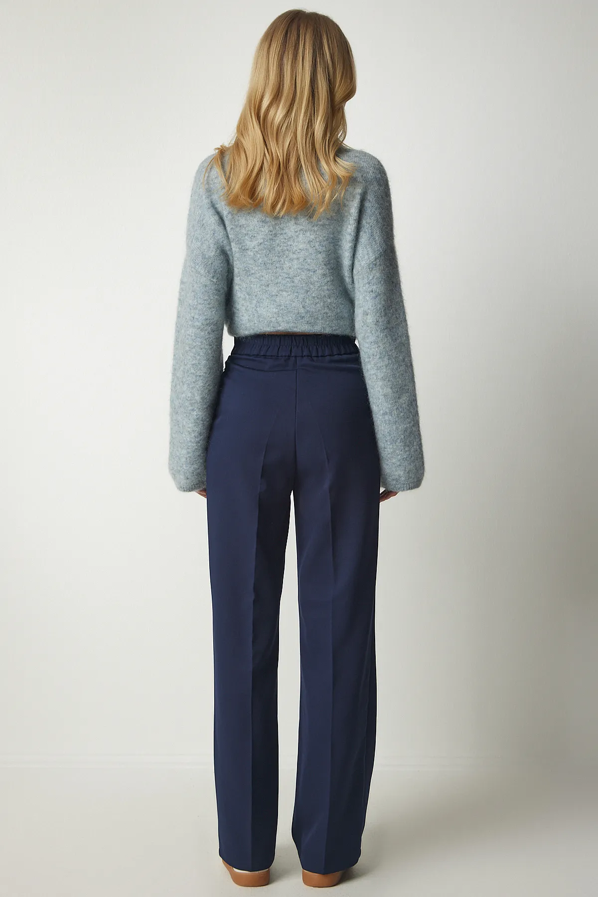 Happiness İstanbul  Marineblaue Palazzo-Hose mit Taschen für Damen DW00001