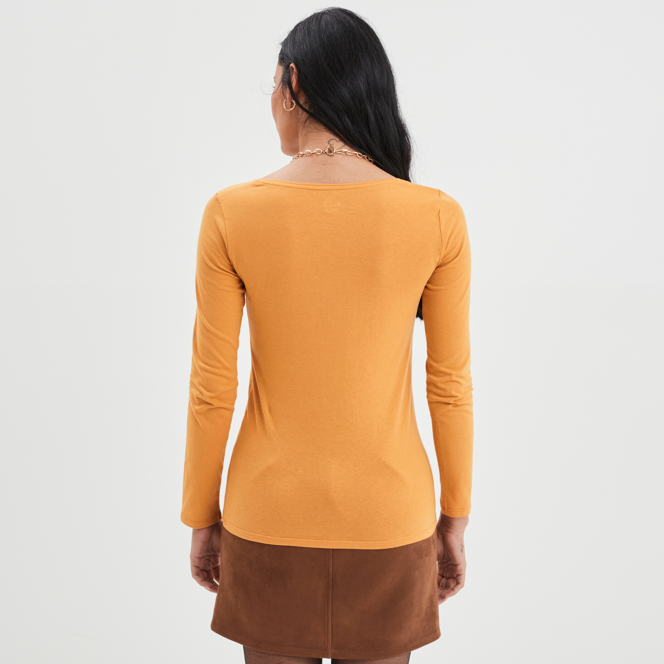 T-shirt coton manches longues jaune moutarde femme | La Halle