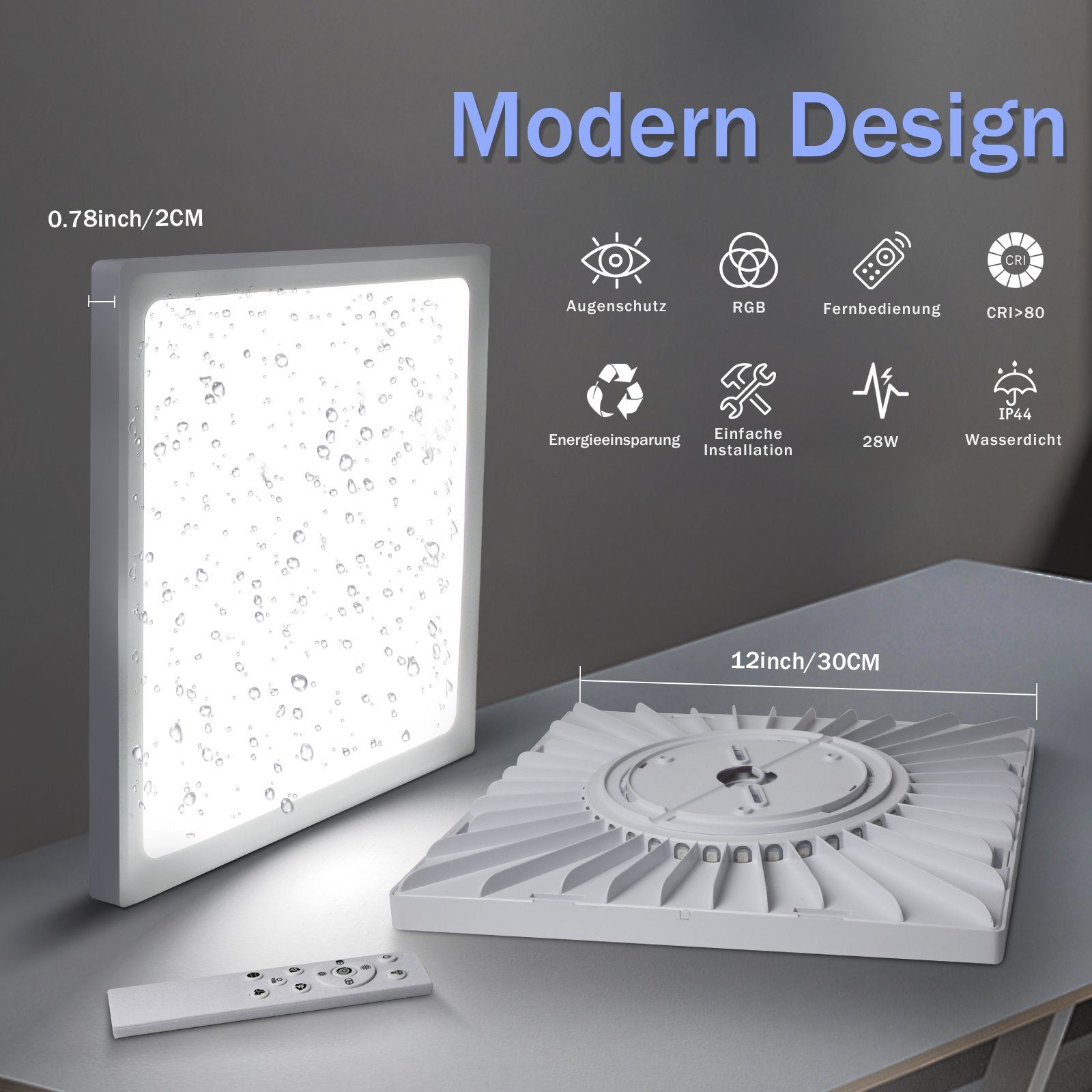 ZMH LED Deckenleuchte IP44 RGB Hintergrundleuchtung 28W Dünn Flach mit Fernbedienung, Dimmbar, LED fest integriert, warmweiß-kaltweiß, Quadratisch
