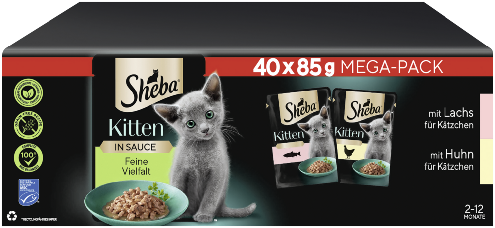 Sheba Portionsbeutel Multipack Mega-Pack Kitten in Sauce Feine Vielfalt mit Lachs, mit Huhn MSC 40 x 85g