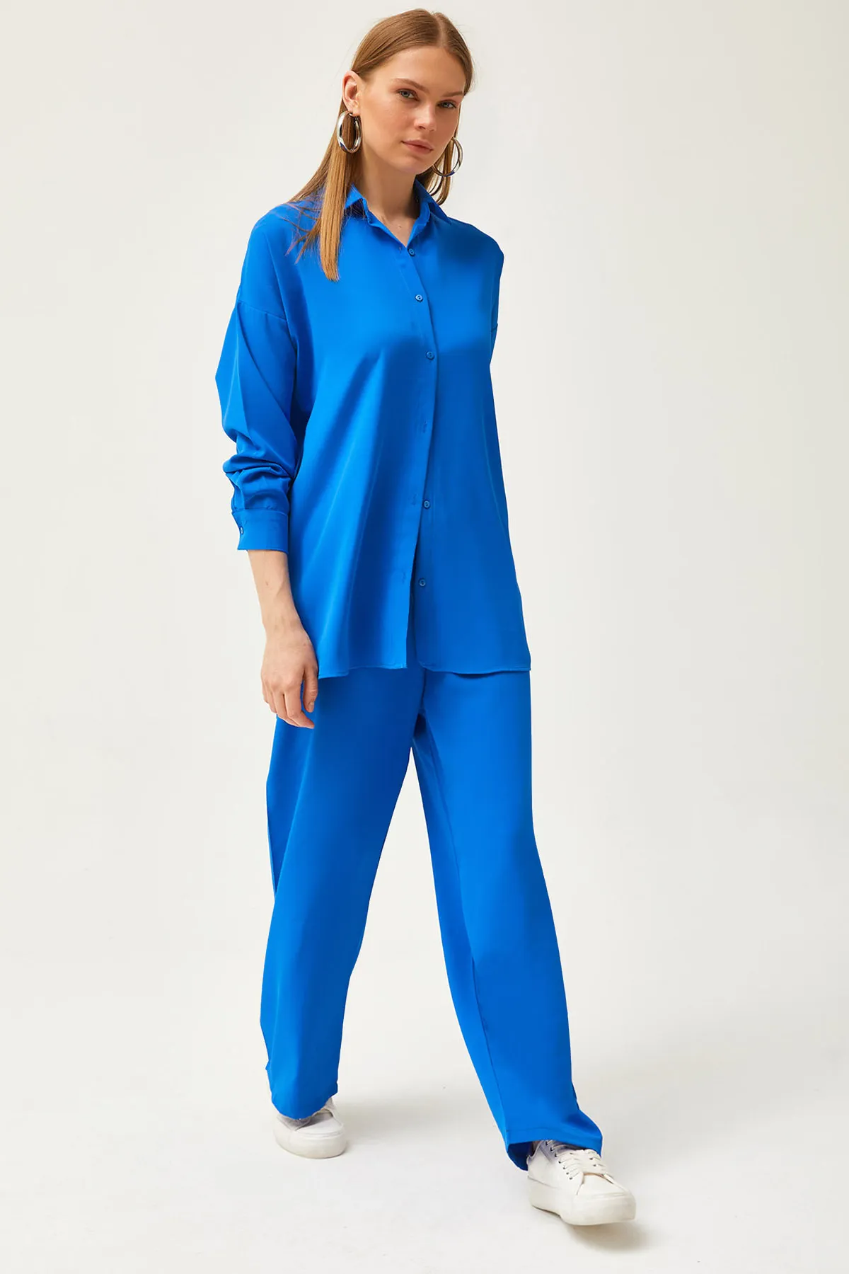 Olalook  Damen Saks Blau Drapiertes Hemd Hosen Set TKM-19000283
