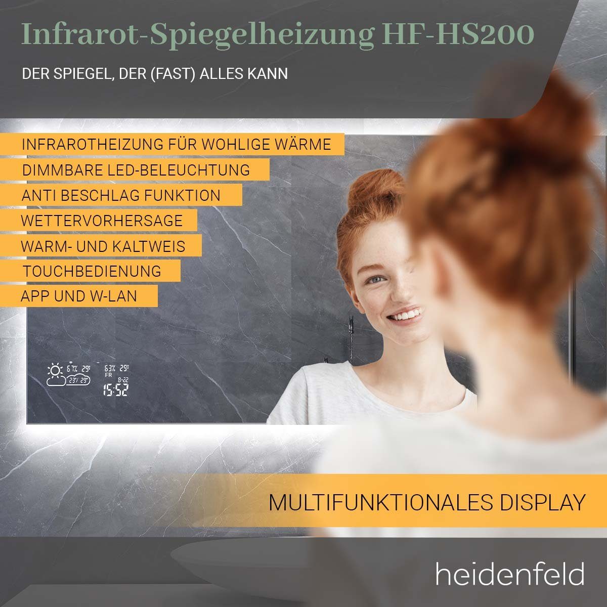 Heidenfeld Infrarotheizung Spiegelheizung HF-HS200 inkl. Touchdisplay 10 Jahre Garantie, Spiegel - Rahmenbeleuchtung - Anti-Beschlag - bis 500 Watt - WIFI