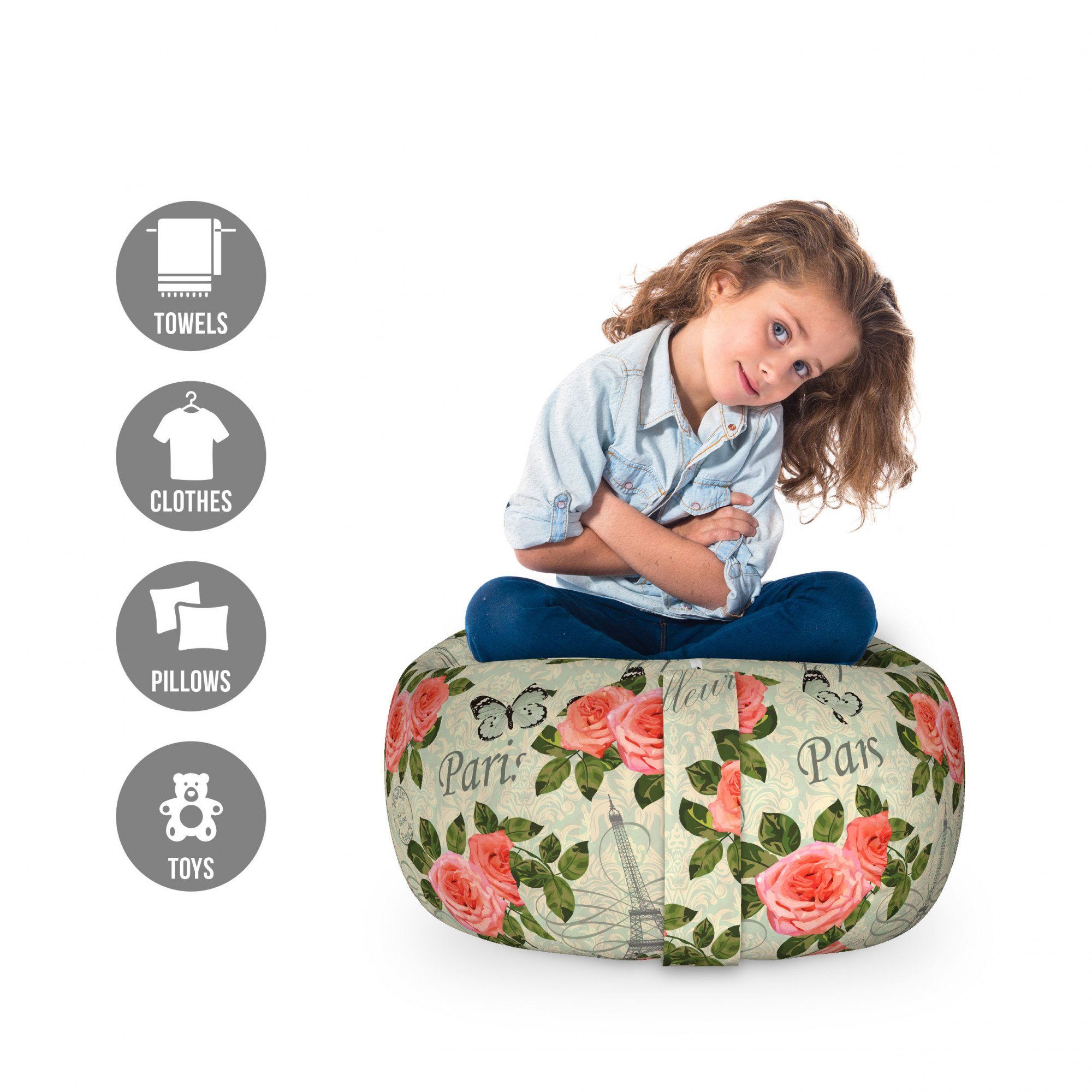 Abakuhaus Spielzeugtruhe Gefüllter Tier Organizer Waschbare Tasche für Kinder, Romantisch Paris Themed Blumen