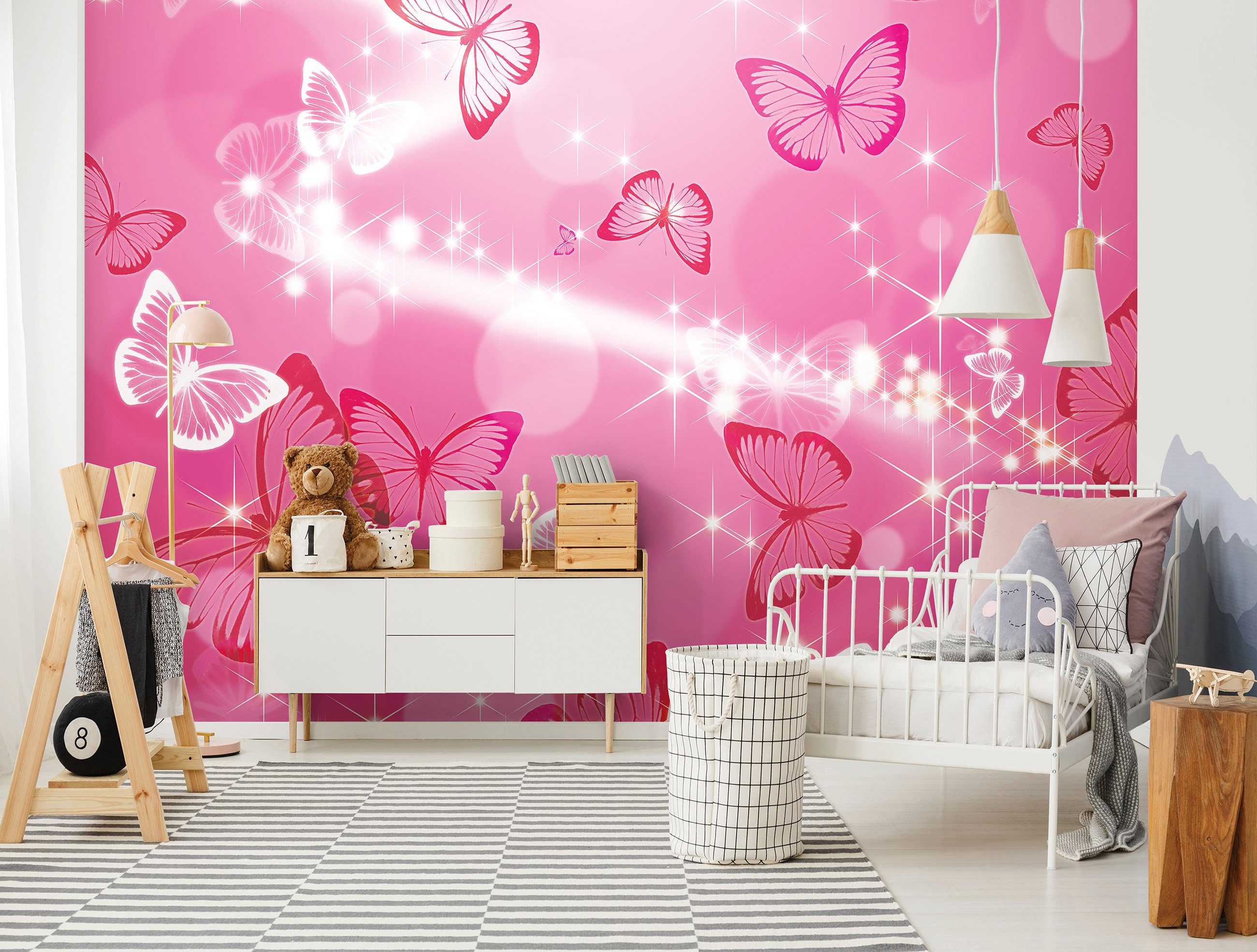 Wallarena Fototapete Kinderzimmer Mädchen Schmetterlinge Rosa Magie Stern Vlies Tapete für Babyzimmer oder Mädchenzimmer Vliestapete Wandtapete Motivtapete, Glatt, Schmetterlinge, Vliestapete inklusive Kleister