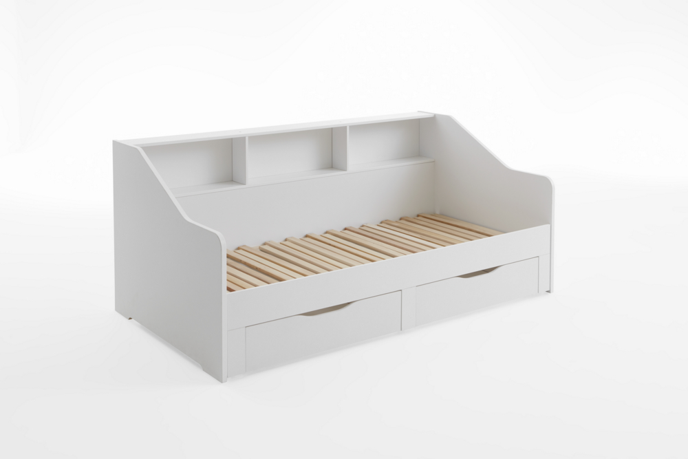 Relita Funktionsbett RENE von 90 auf 180 x 200 cm ausziehbar, mit 2 Schubladen & Regal, weiß