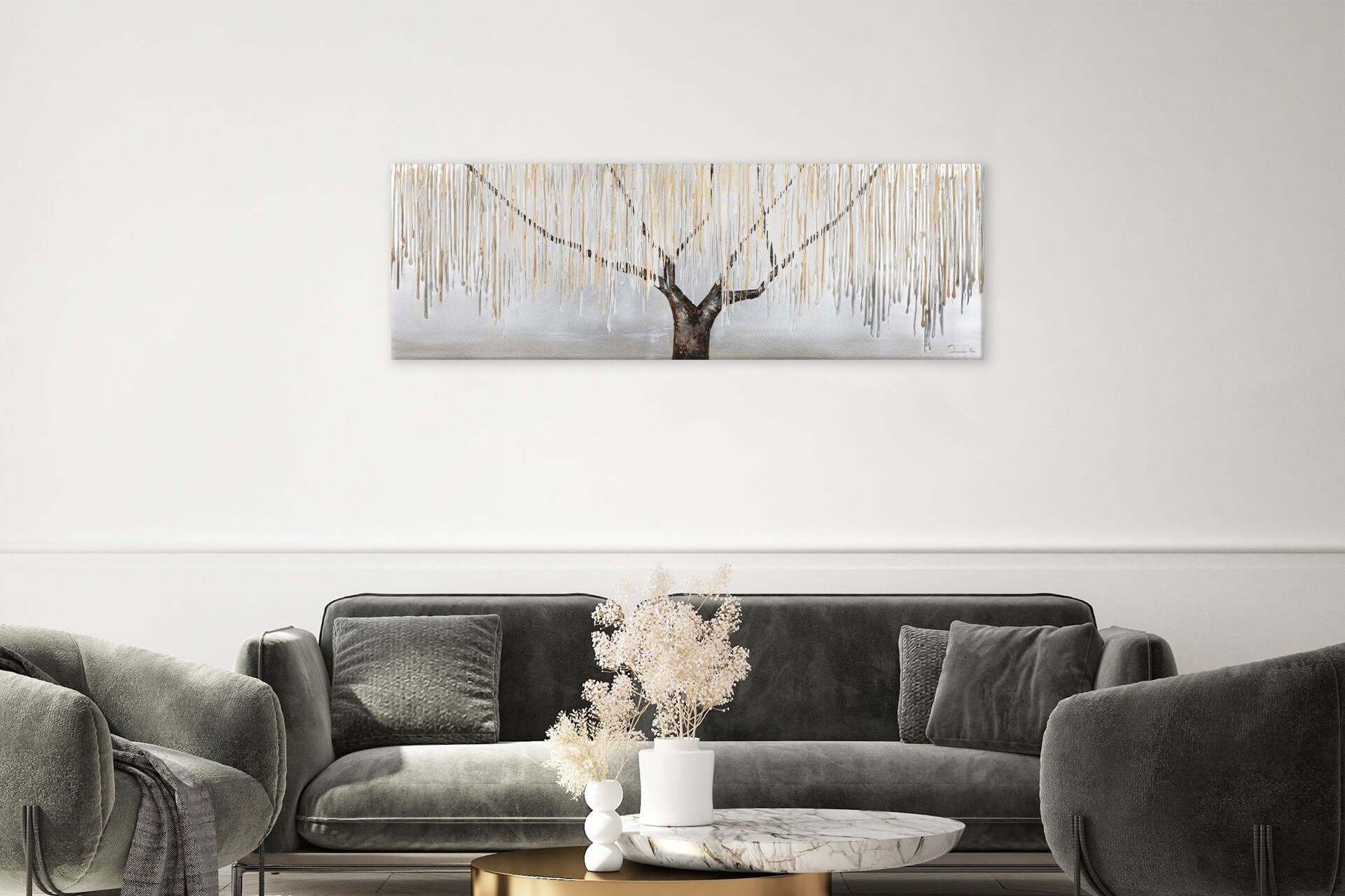 KUNSTLOFT Gemälde Trauerweide im Nebel 150x50 cm, Leinwandbild 100% HANDGEMALT Wandbild Wohnzimmer