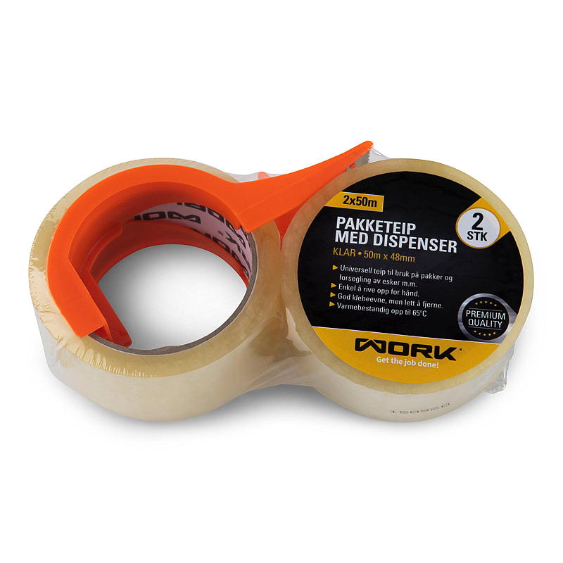 Work Pakketape 2x50 m, klar, m/dispenser