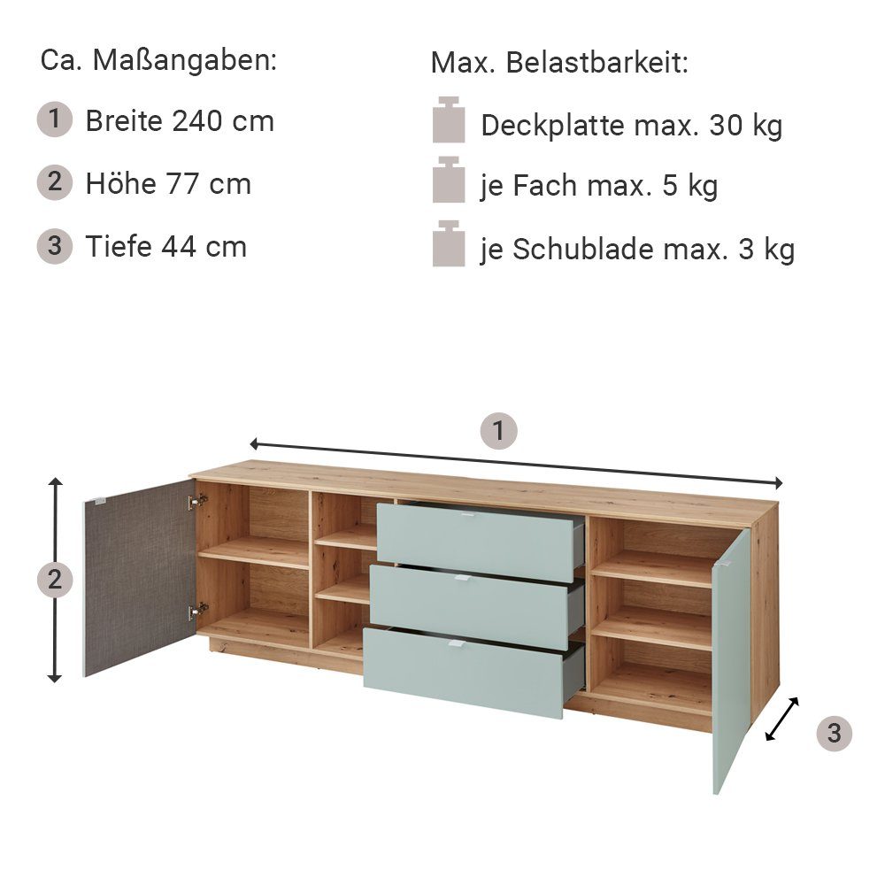 Lomadox Wohnwand CUST-36, (3-St., 3-tlg), Set mit 2 Wandboards grün mit Eiche 240 cm, Wohnwand, Fernsehschrank