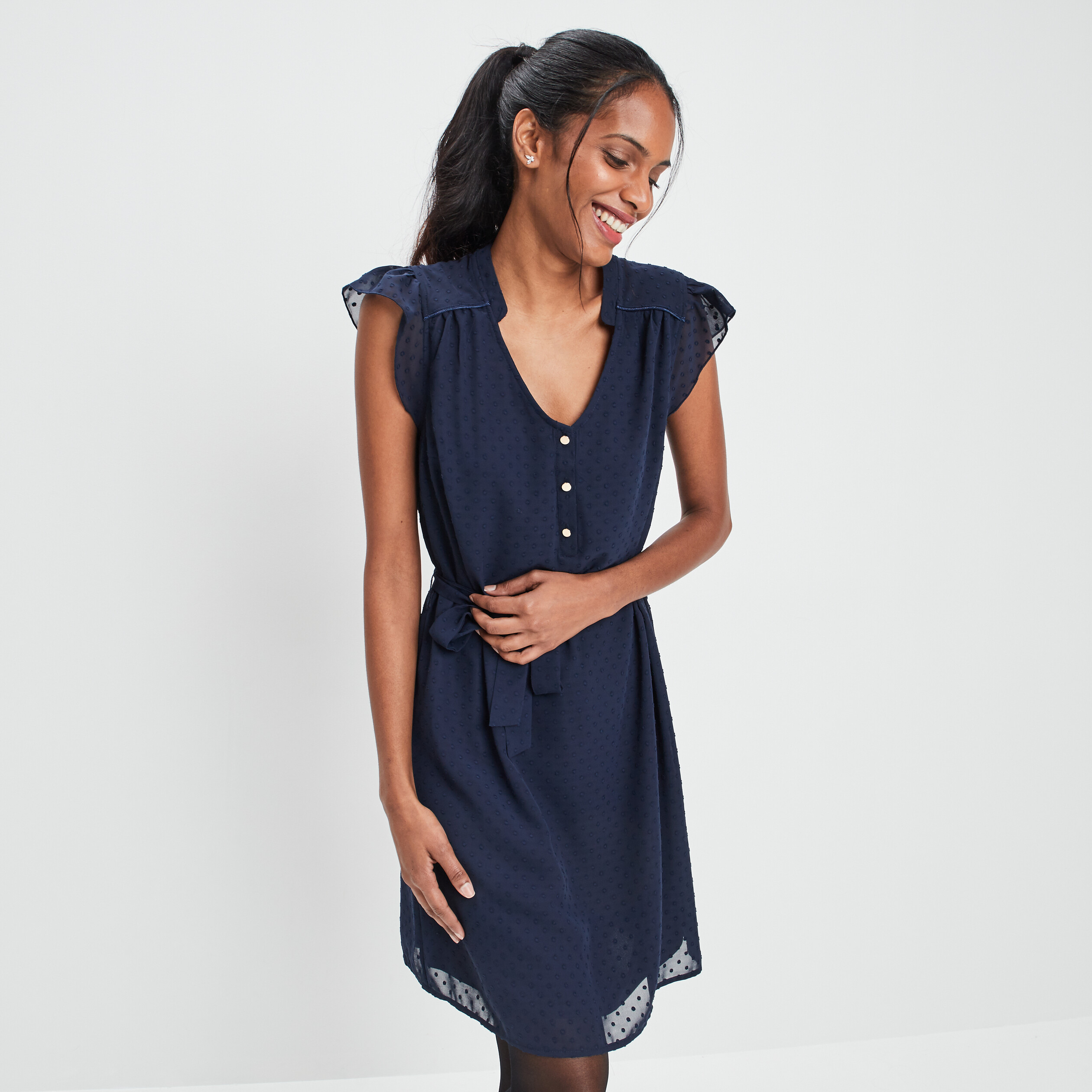 Robe plumetis droite ceinturée bleu marine femme | La Halle