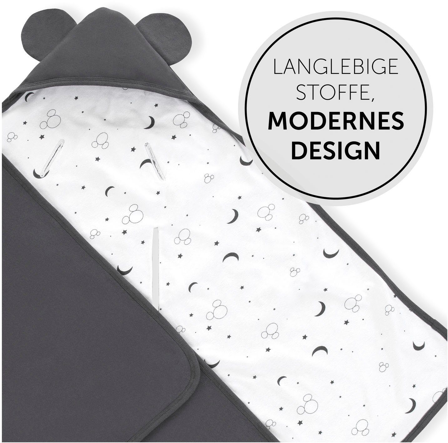 Babydecke Baby Einschlagdecke, Snuggle N Dream Mickey Mouse Anthracite, Hauck, mit Kapuze