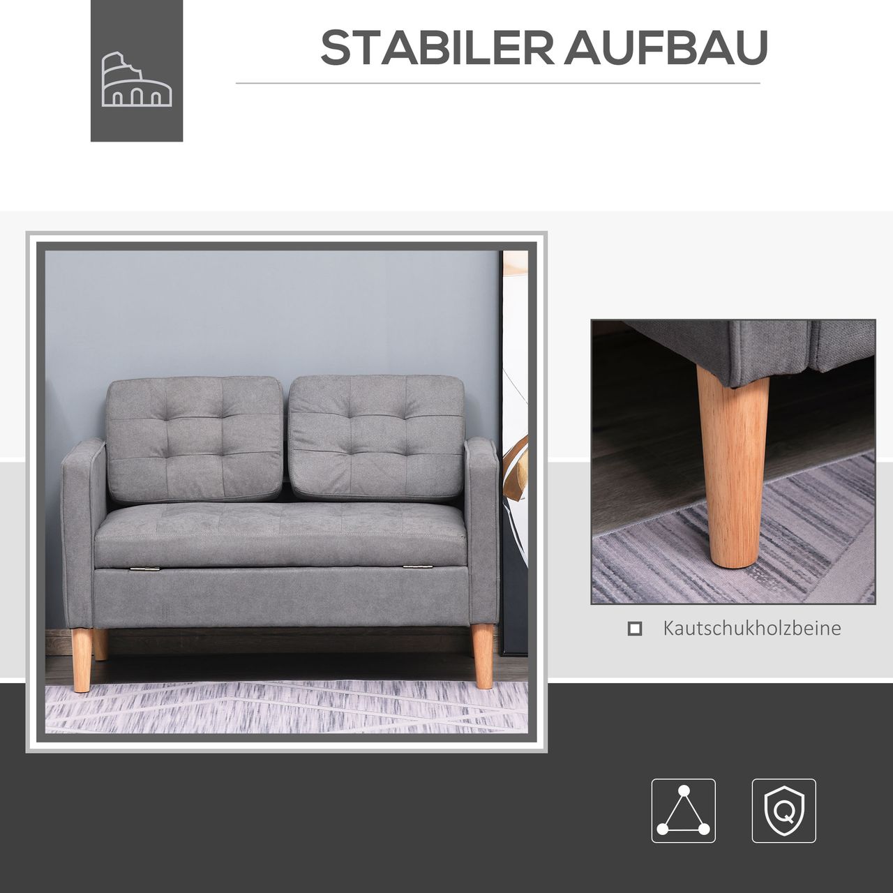 HOMCOM 2-Sitzer Sofa Stoffsofa Doppelsofa abnehmbar mit Kissen Gummiholz Baumwoll Grau 117 x 62 x 78 cm