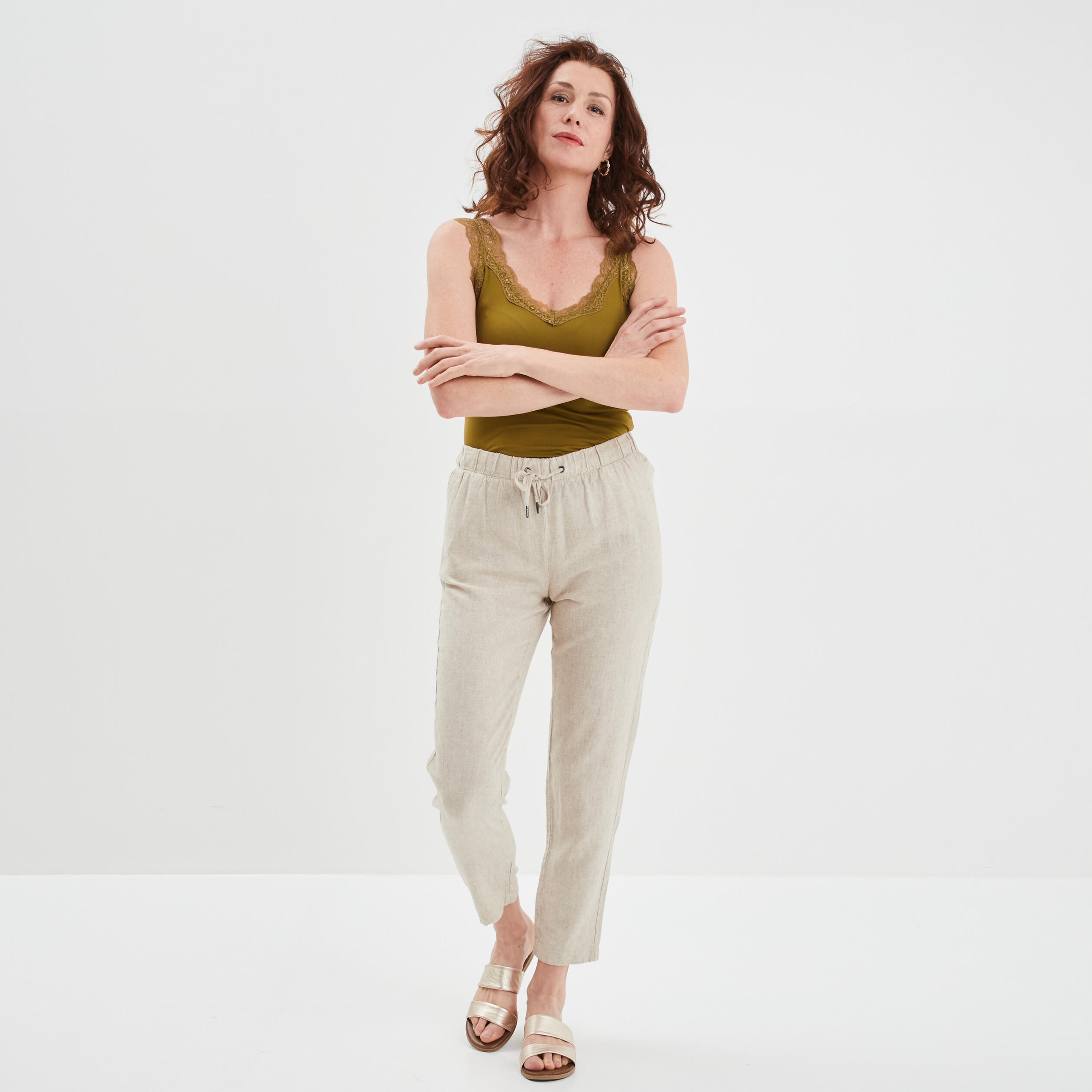 Pantalon droit fluide en mélange de lin beige femme | La Halle