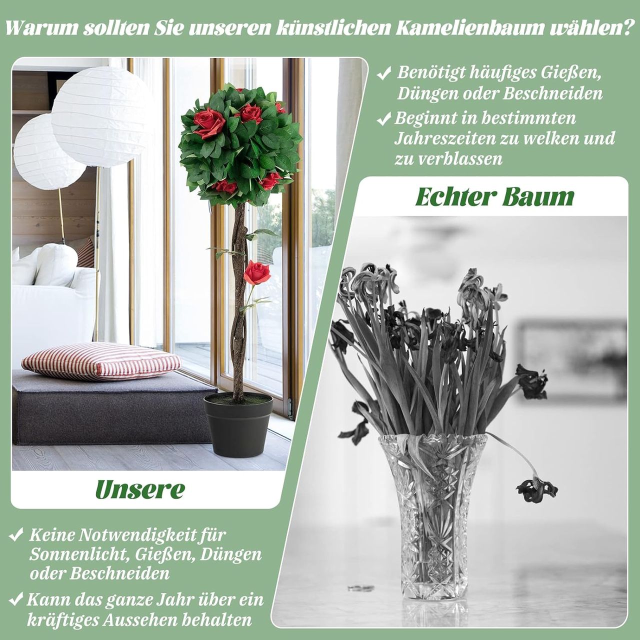 Costway 92 cm Kunstbaum mit Blüten, Künstlicher Kamelienbaum