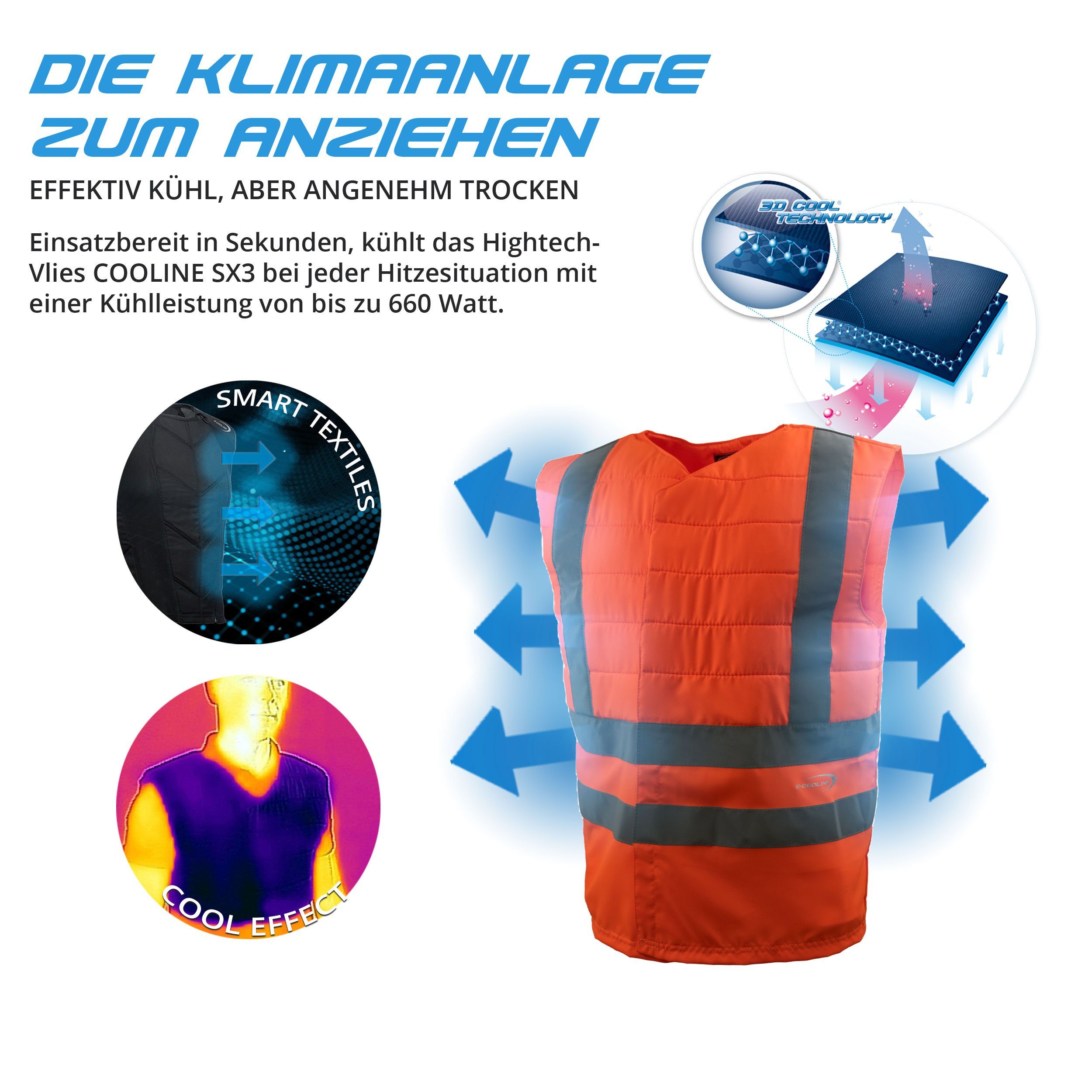 E.COOLINE Warnweste Kühlweste - EN ISO 20471 - Kühlung durch Aktivierung mit Wasser aktiv kühlend, Kühlkleidung