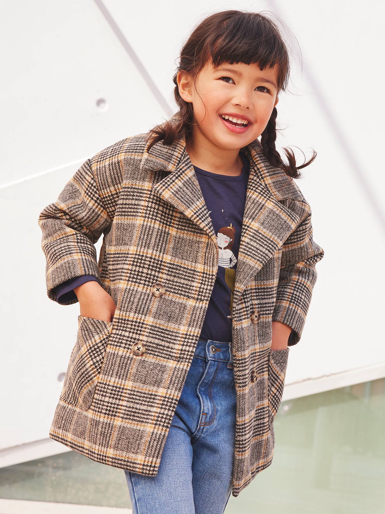 Manteau à carreaux fille. kaki