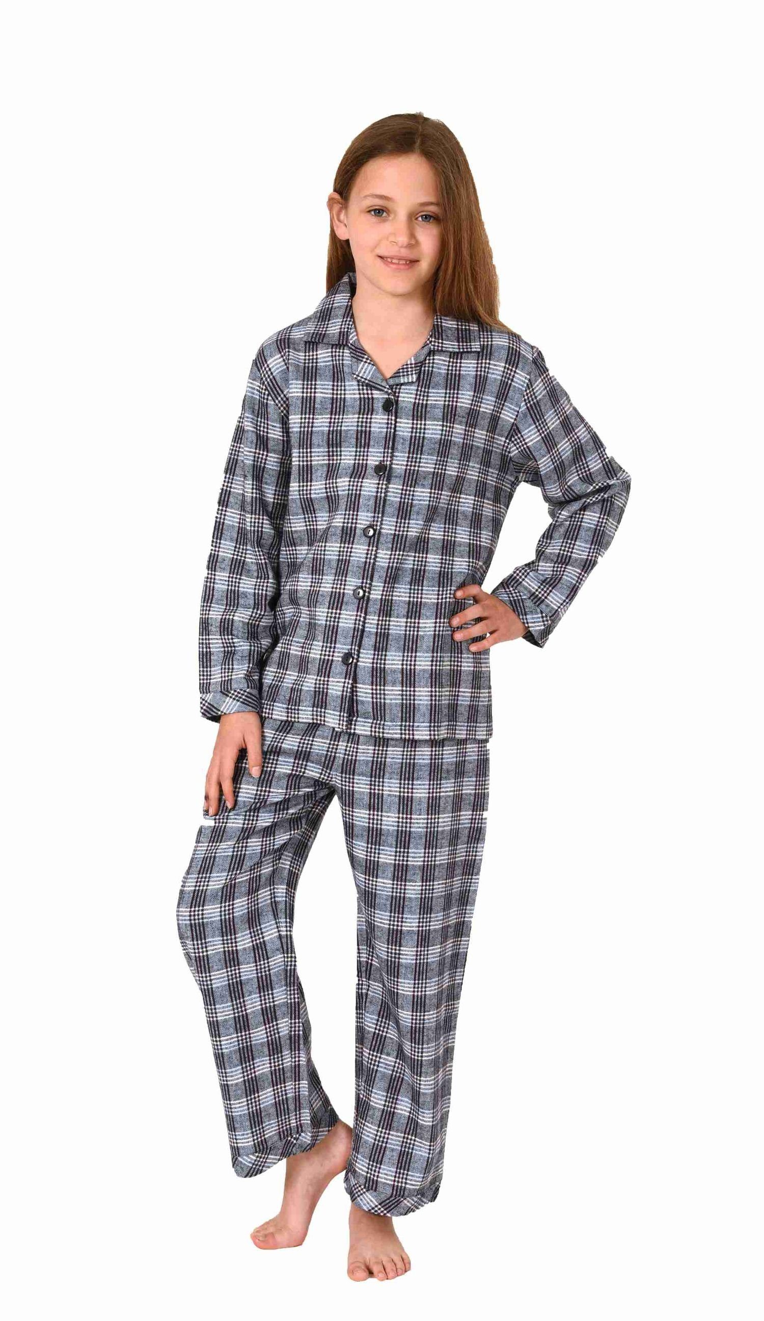 Normann Pyjama Mädchen langarm Flanell Schlafanzug in Karo Optik zum durchknöpfen
