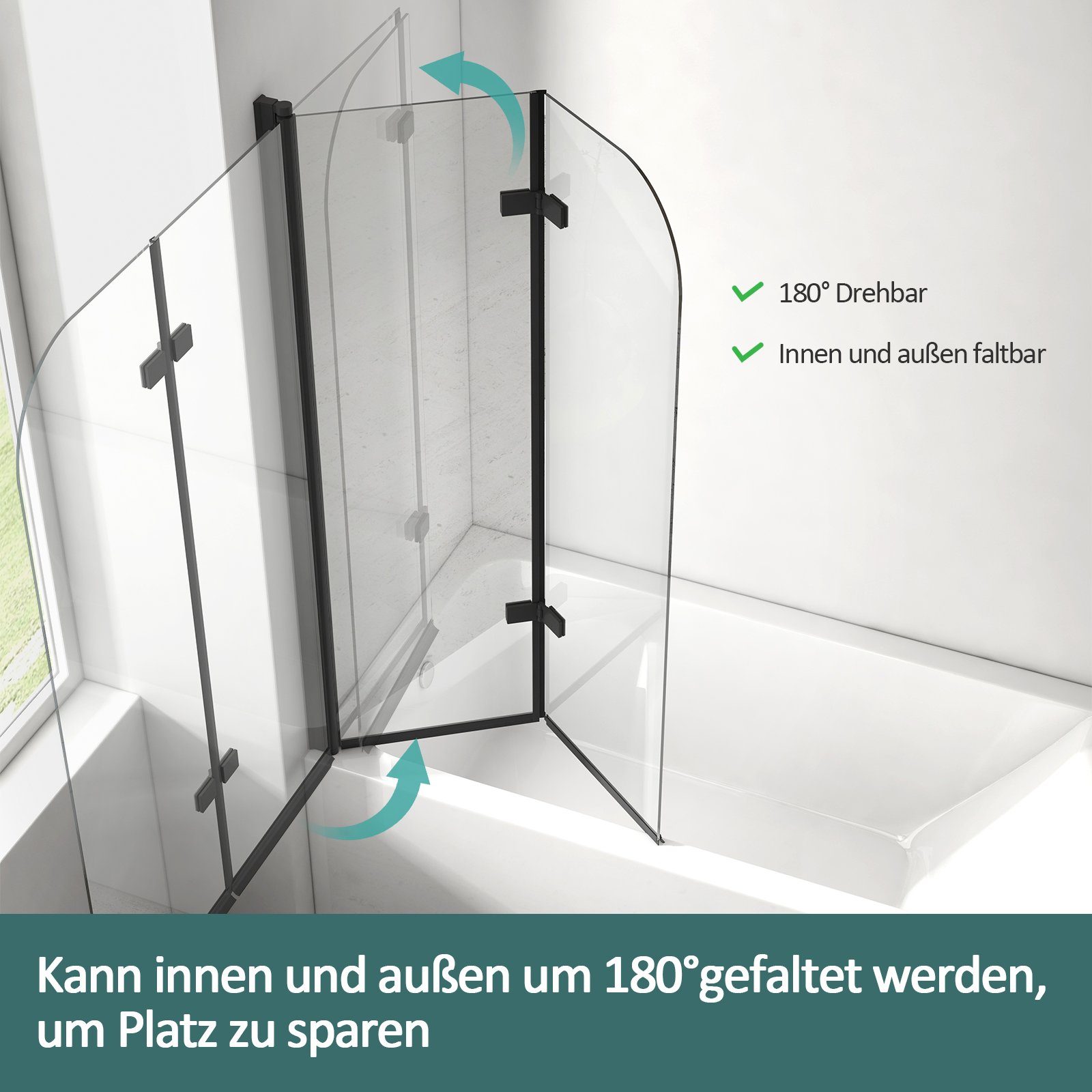 EMKE Badewannenaufsatz Duschwand für Badewanne Badewannen-Duschwand 2-teilig Faltbar Schwarz