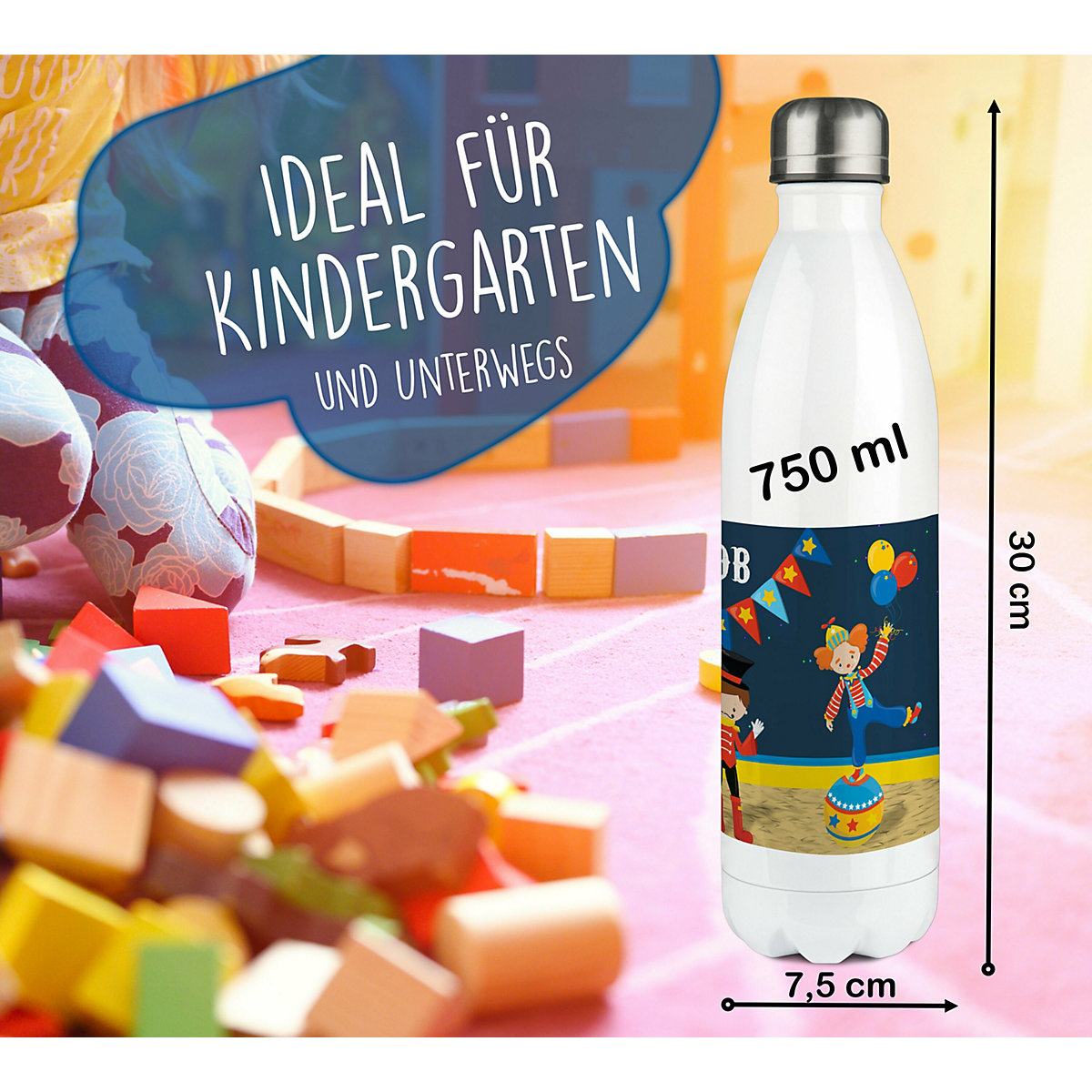 Edelstahl Kinder Thermoflasche / Trinkflasche bunt Circus Spülmaschinenfest, Auslaufsicher, Bruchfest, Doppelwandig, Für Heißgetränke geeignet, Mit Deckel, Isoliert