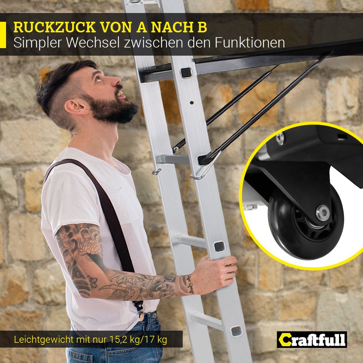 Craftfull Arbeitsgerüst 4in1 Leitergerüst CF-103A - 3 J. Garantie - Mehrzweckleiter Aluminium, (1.68 m - 1.95 m - 150 kg Traglast - Alu Stehleiter bis 150 kg - Doppelhohlkehlenprofil - Anlegeleiter - Gelenkleiter - Stehleiter - Trittleiter - Wandleit