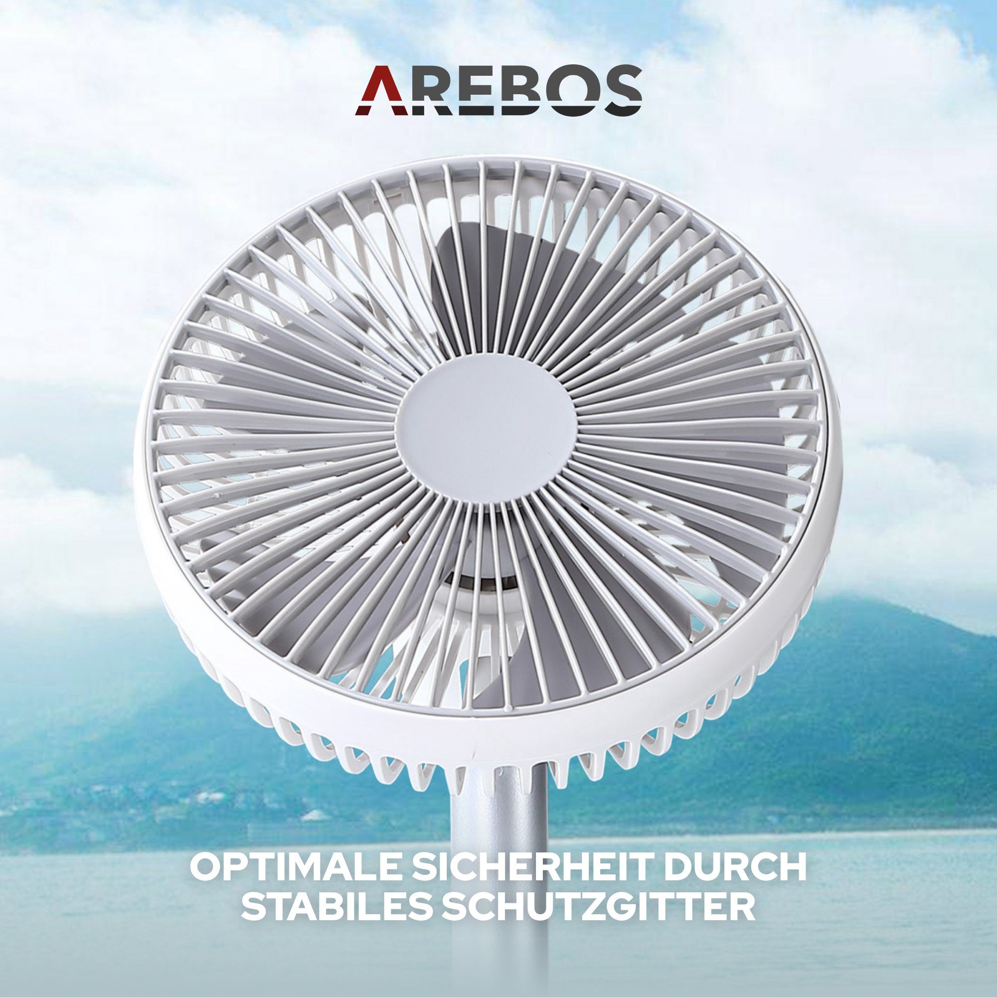 Arebos Tischventilator USB-Tischventilator mit Timer, wiederaufladbarer 2500 mAh