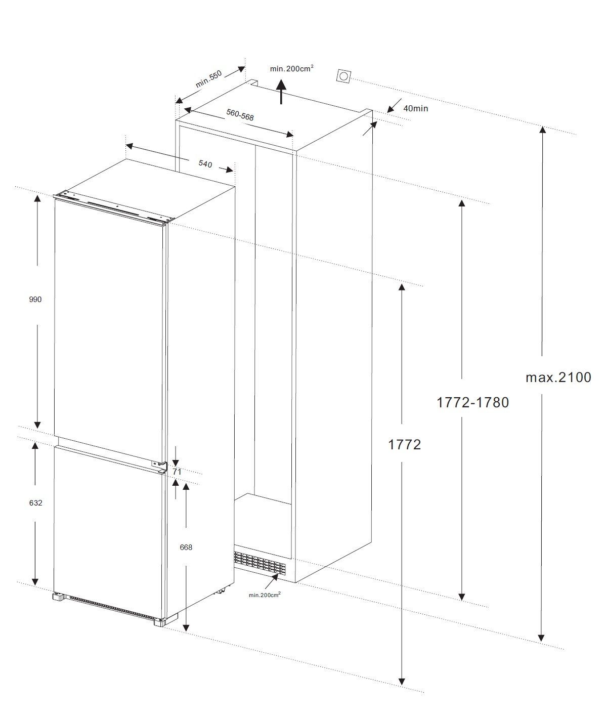 Wolkenstein Kühlschrank Wolkenstein WKG257.4NF EB, 54.00 cm breit
