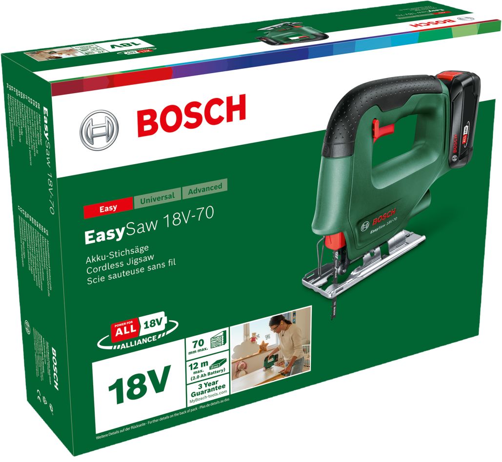 Bosch Green 0603012002 EasySaw 18V-70 Akku-Stichsäge 1x 2,0 Ah und Ladegerät AL 18V-20