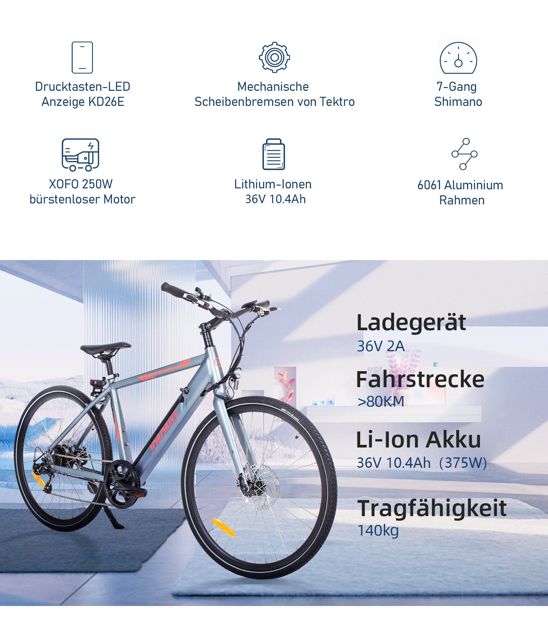 JOBOBIKE E-Bike Viva, 27,5 Zoll Leichte E-Bikes, 7 Gang Shimano, Kettenschaltung, Heckmotor, 375,00 Wh Akku, (Pedelec 25 km/h Damen Herren, mit 36V 14/10,4 Ah LG Akku, großer Kapazität, Abnehmbare), Mechanische Scheibenbremse