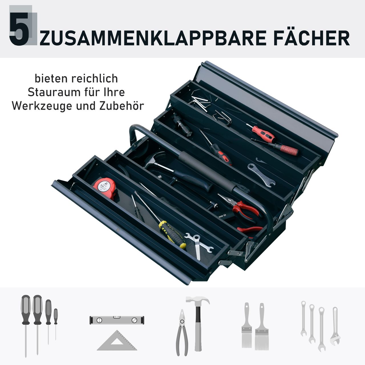 DURHAND Werkzeugkasten Werkzeugkoffer Werkzeugkiste 5 Fächer aufklappbar Stahl (SPCC) Dunkelgrün 45 x 22,5 x 34,5 cm