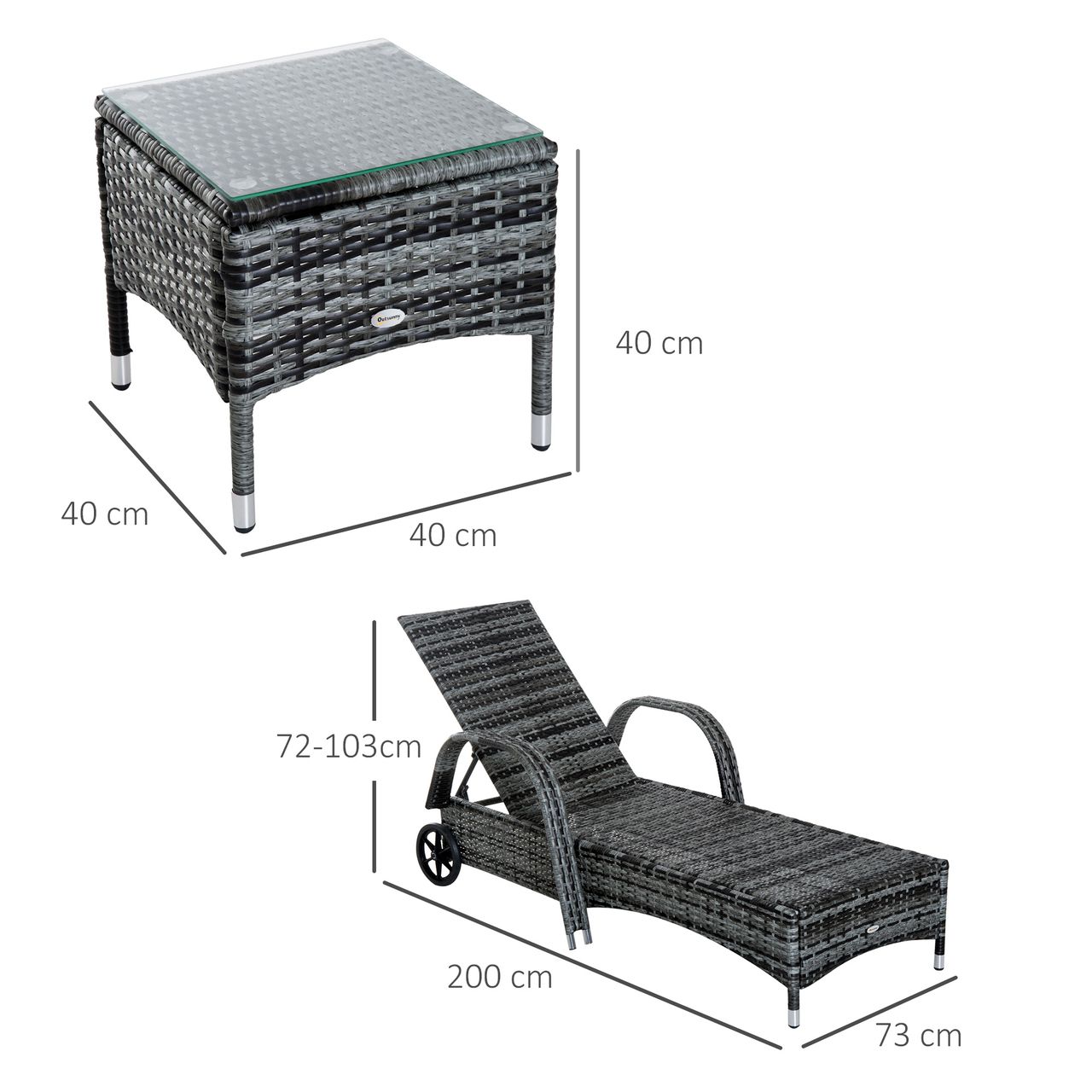 Outsunny Sonnenliege Gartenliege Tisch 3er Set Gartenmöbel Polyrattan Grau