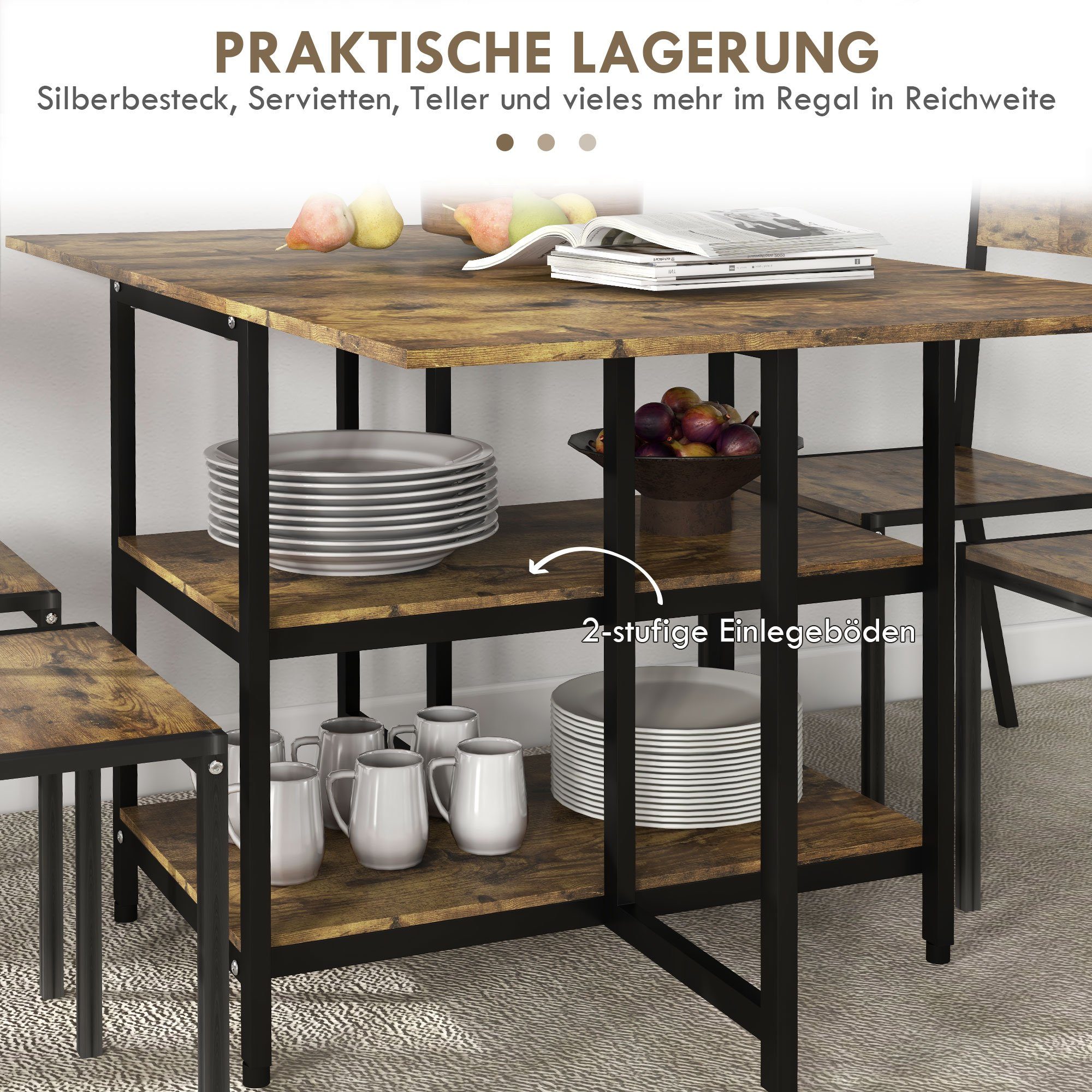 HOMCOM Klapptisch Esstisch mit zwei offenen Regalböden, Küchentisch mit Rollen (Wohnzimmertisch, 1-St., Esszimmertisch), für 6 Personen