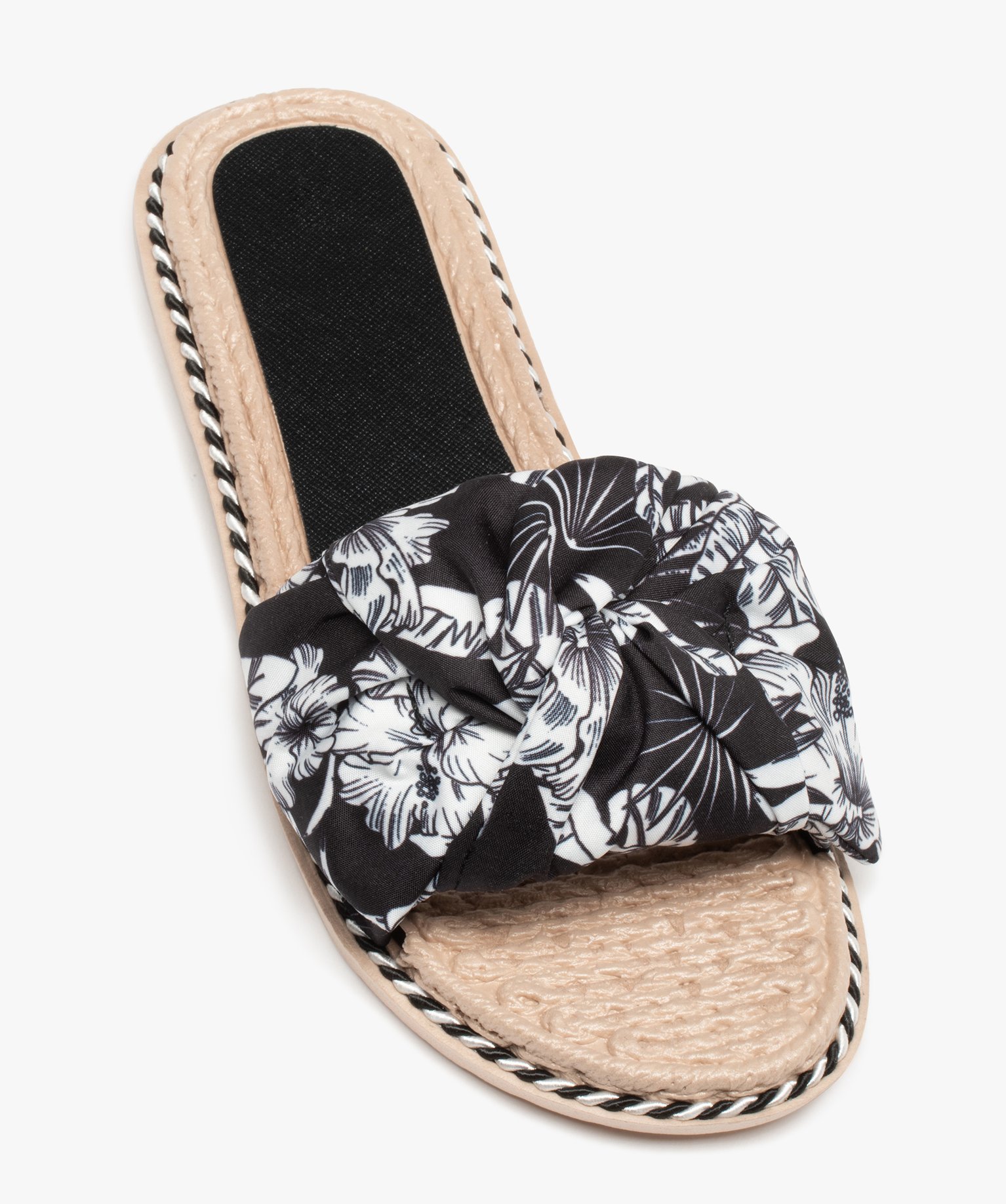 Mules de piscine femme à bandeau en toile imprimée noir | GEMO