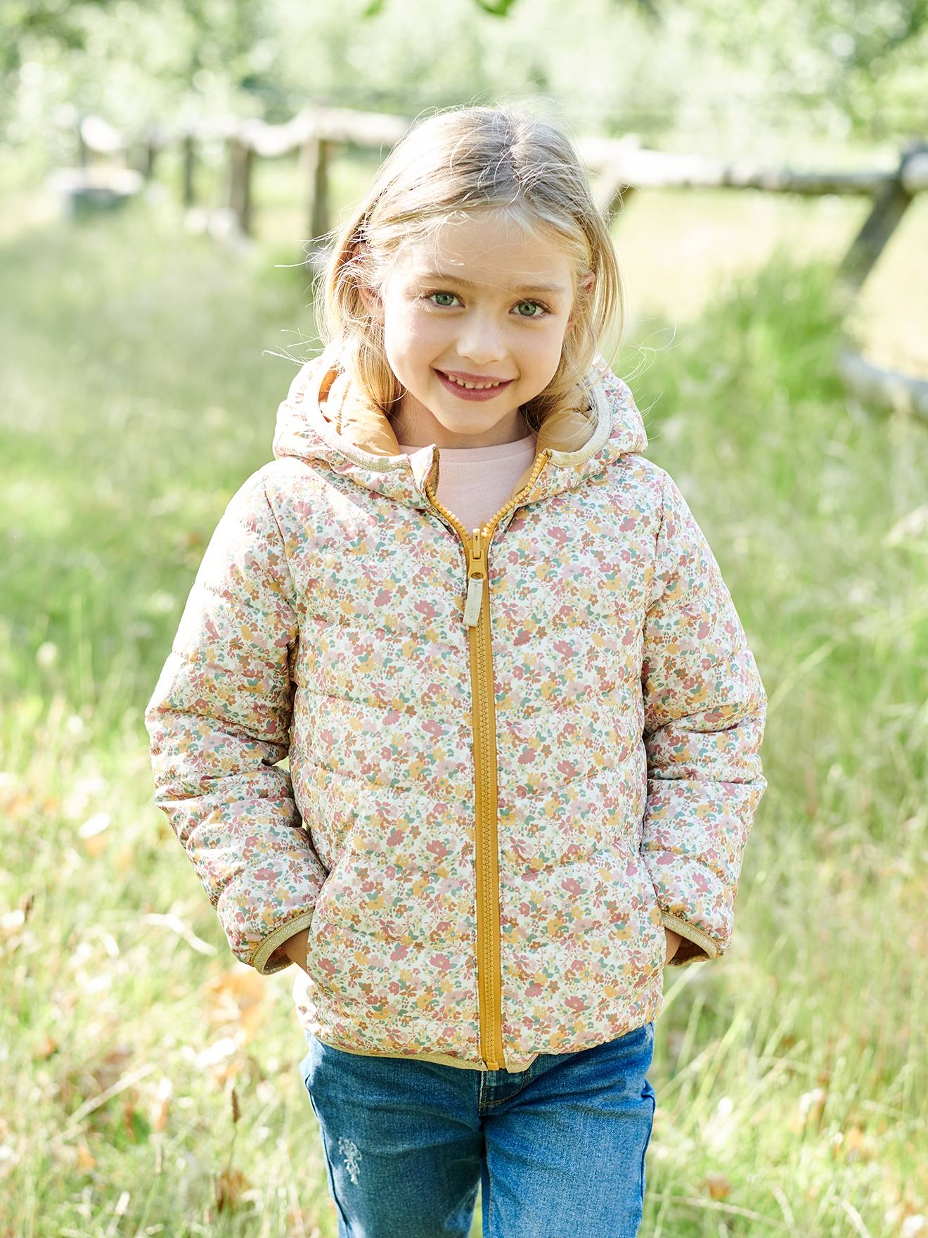 Doudoune à capuche légère réversible fille anthracite imprimé