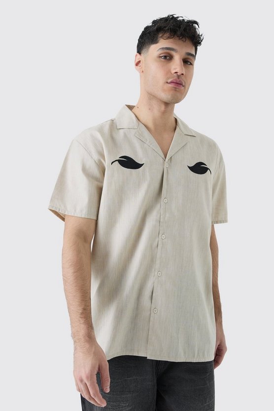 Oversize Hemd in Leinenoptik mit Blätter-Stickerei