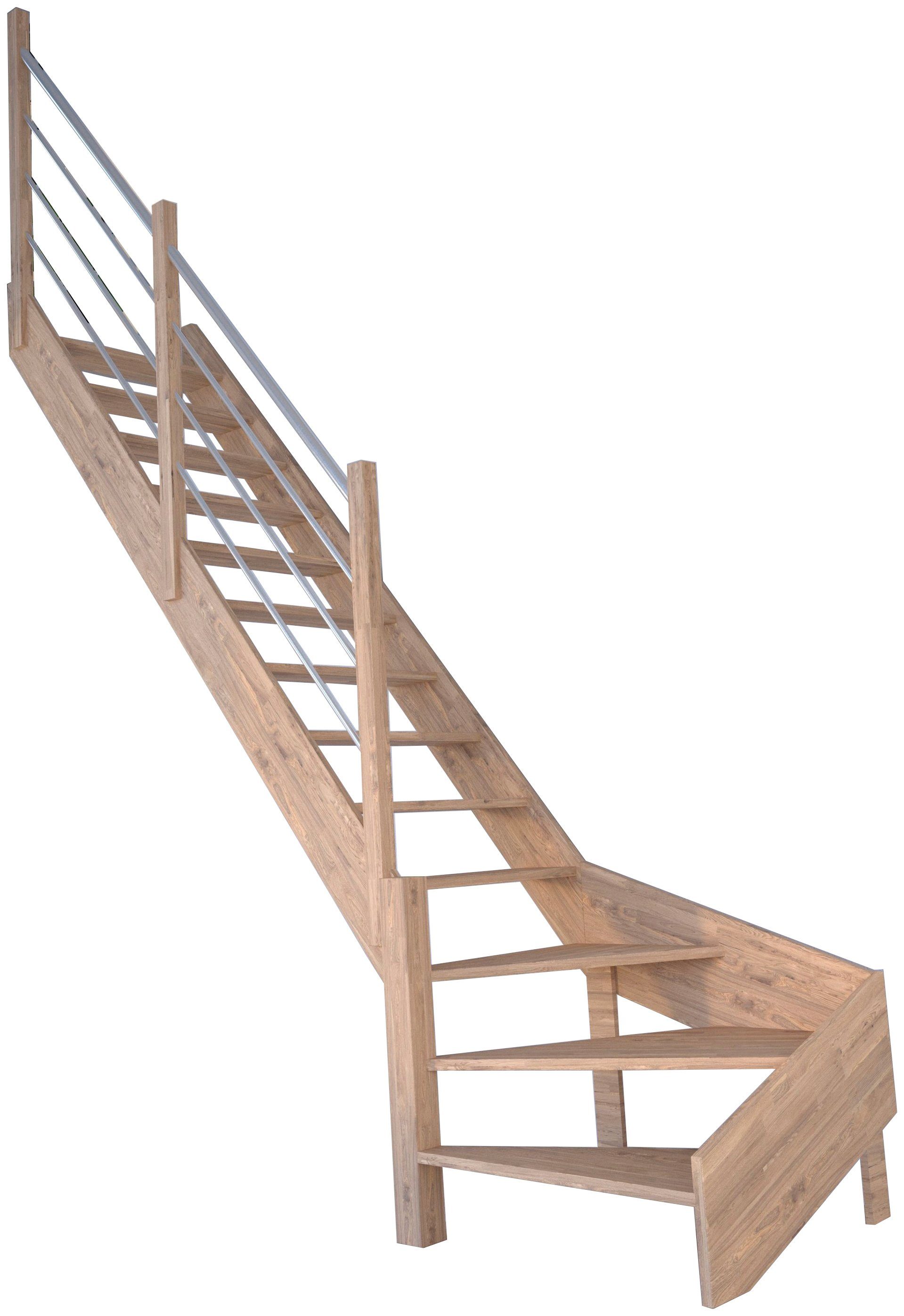 Starwood Raumspartreppe Massivholz Rhodos, Holz-Edelstahl, für Geschosshöhen bis 300 cm, Stufen offen, gewendelt Links, Durchgehende Wangenteile