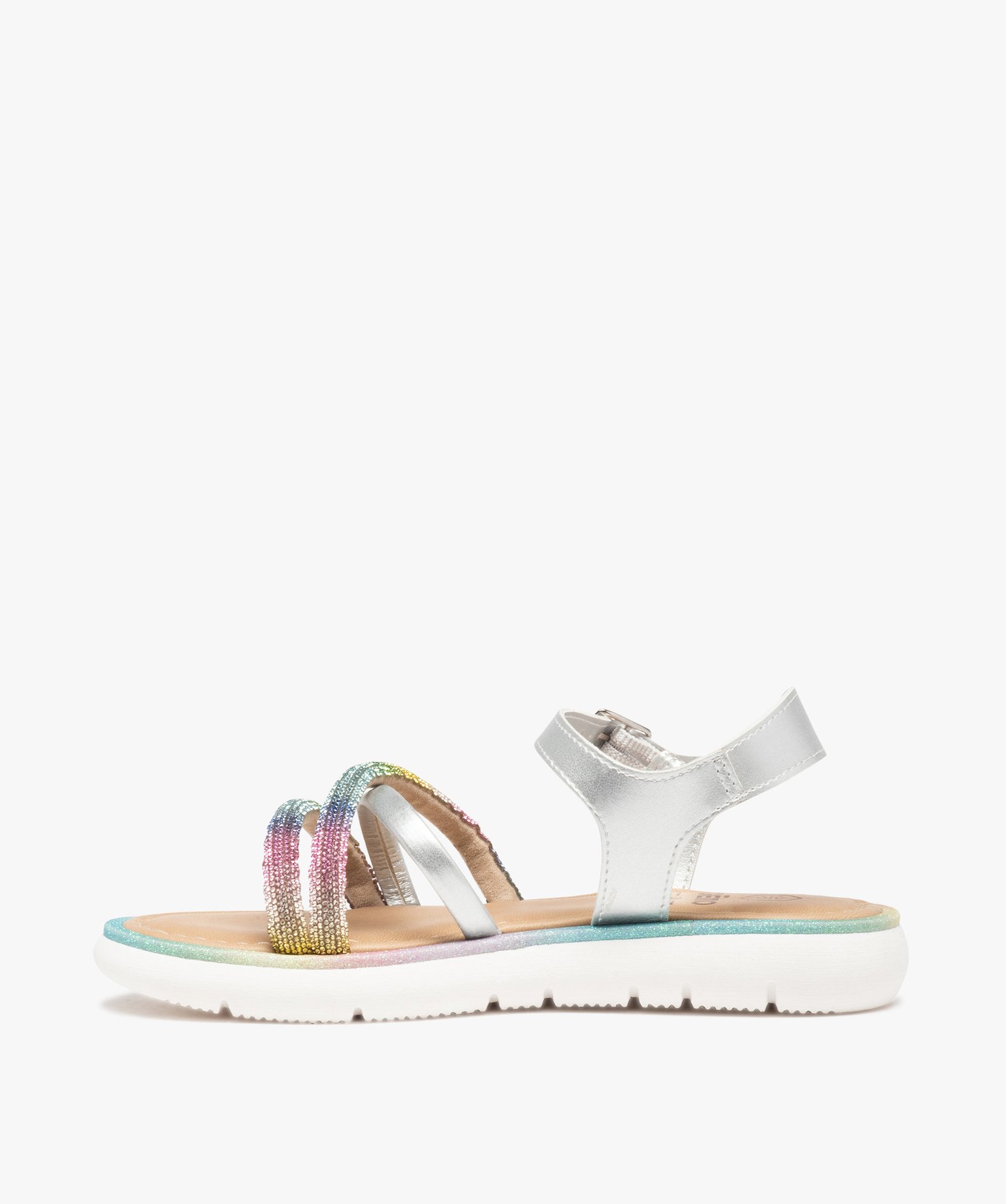 Sandales fille à paillettes et brides strass irisées argent | GEMO