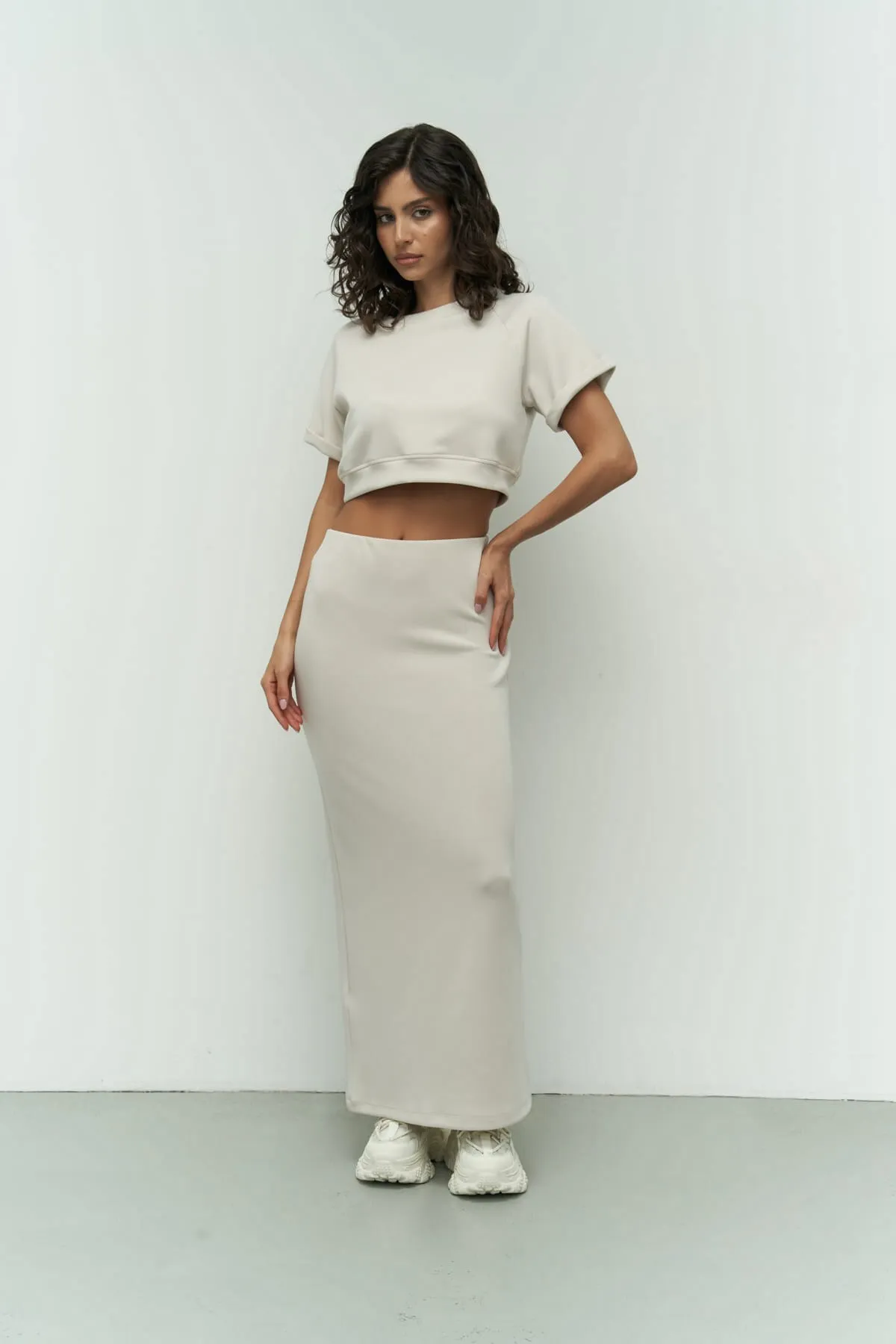 MAİ COLLECTİON  Paloma Beige Crop-Rock-Set