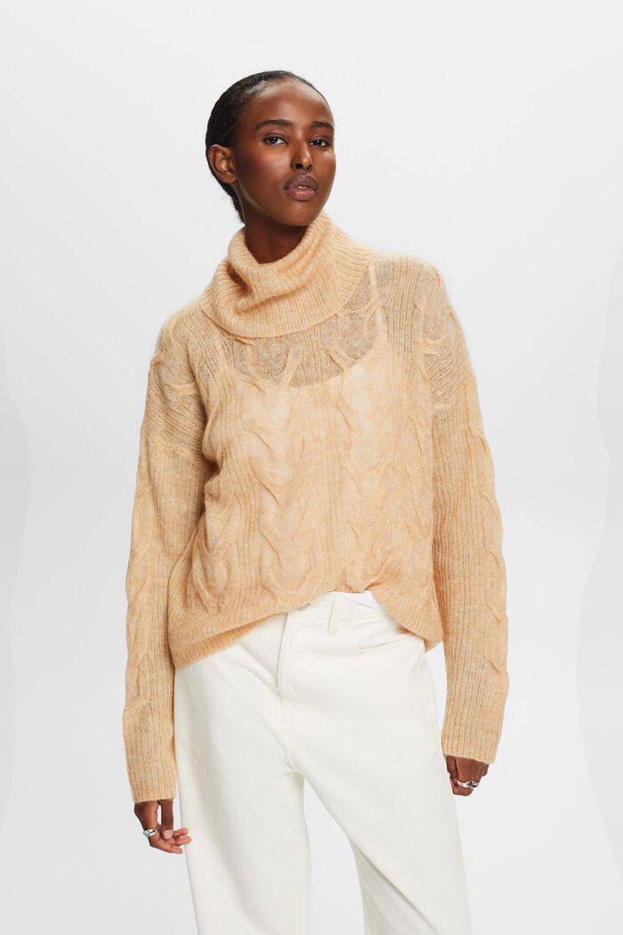 Zopfstrick-Rollkragenpullover aus Mohair-Mix