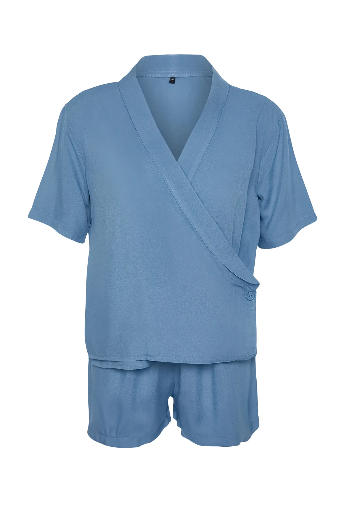 Trendyol Collection  Blaues geknöpftes zweireihiges Pyjama-Set aus gewebter Viskose mit Kragen THMSS24PT00148