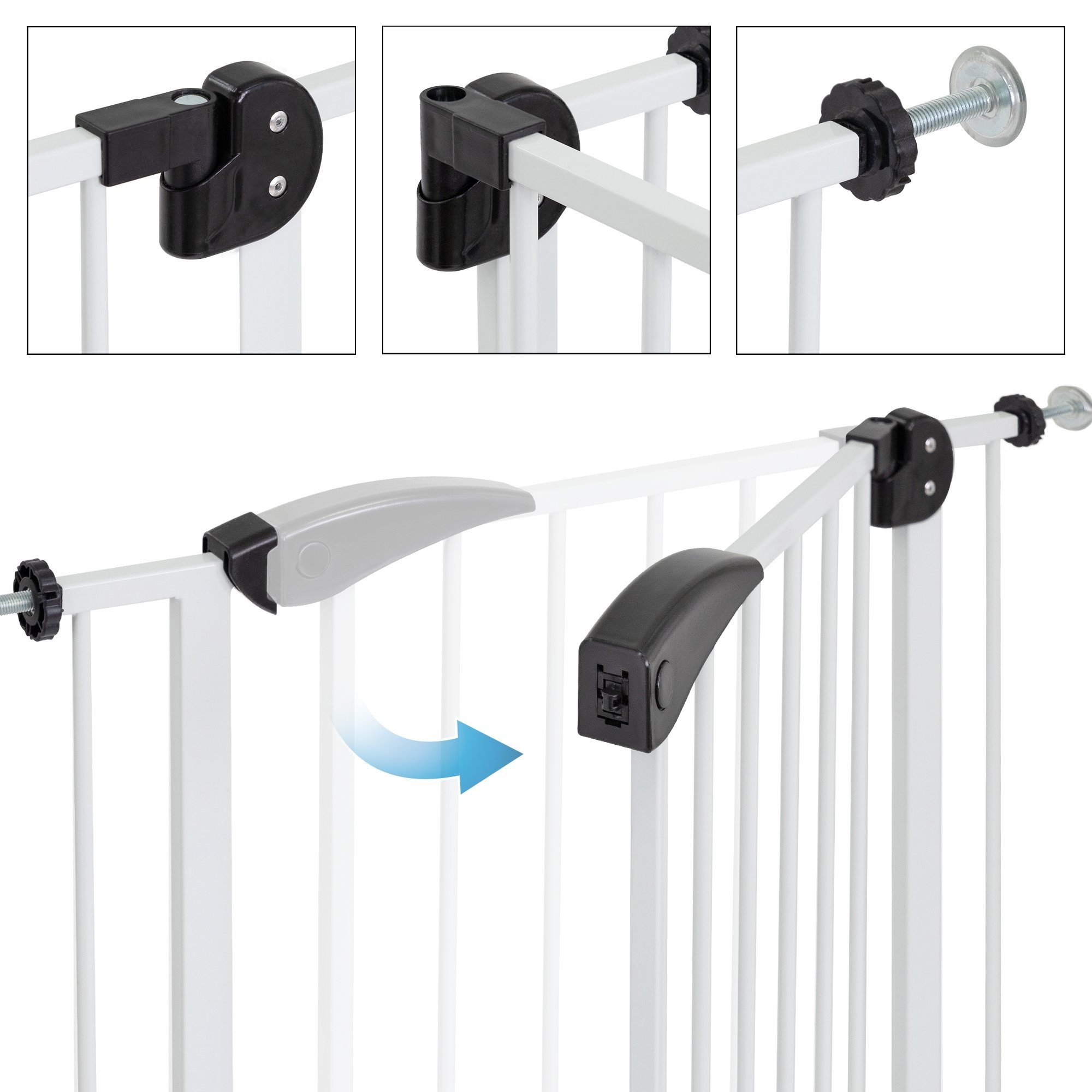 ECD Germany Türschutzgitter Metall-Gitter zum Klemmen, Treppenschutzgitter Absperrgitter, 75-85cm ohne Bohren Weiß beidseitig schwenkbar Selbstschließend Metall
