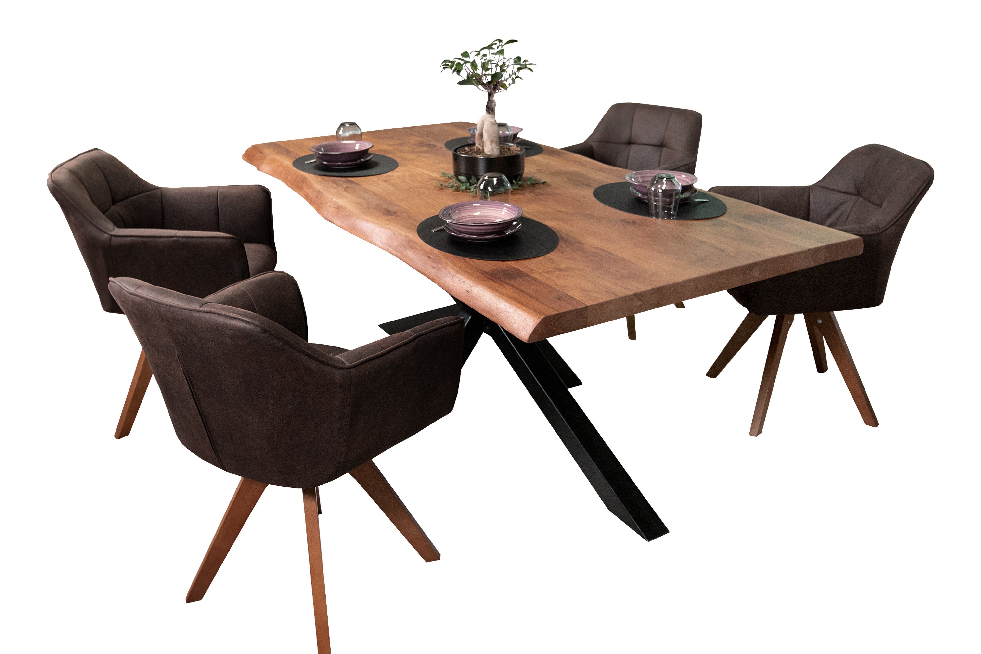 SAM® Essgruppe Leonie, Akazienholz, nussbaumfarben, Baumkante, Metallgestell und 4 Stühle