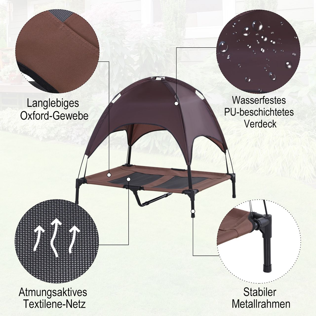 PawHut Haustierbett mit Baldachin Erhöhtes Hundebett Hundeliege outdoor Kaffee