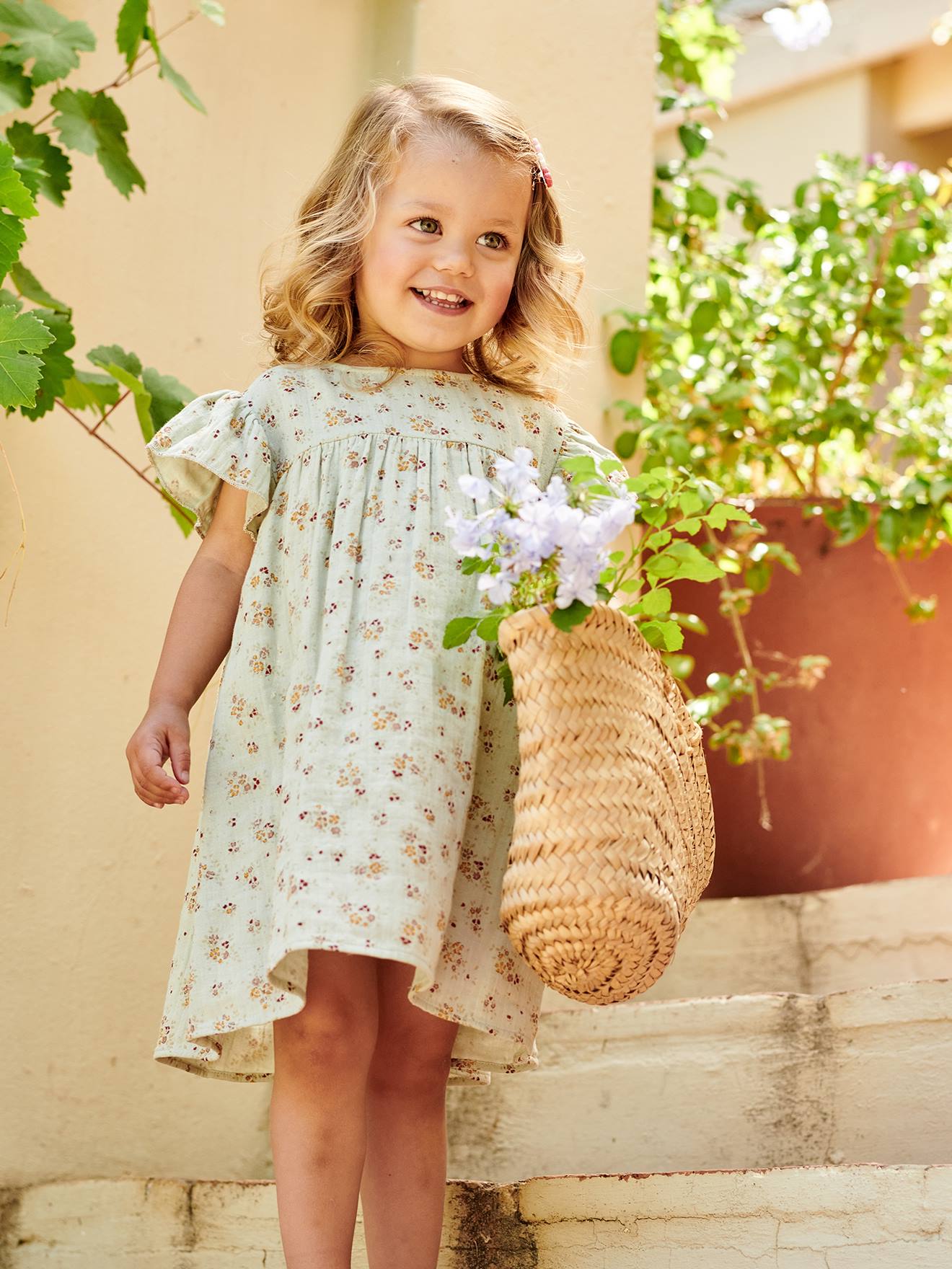 Vertbaudet Mädchen Kleid mit Schmetterlingsärmeln, Musselin - ziegel